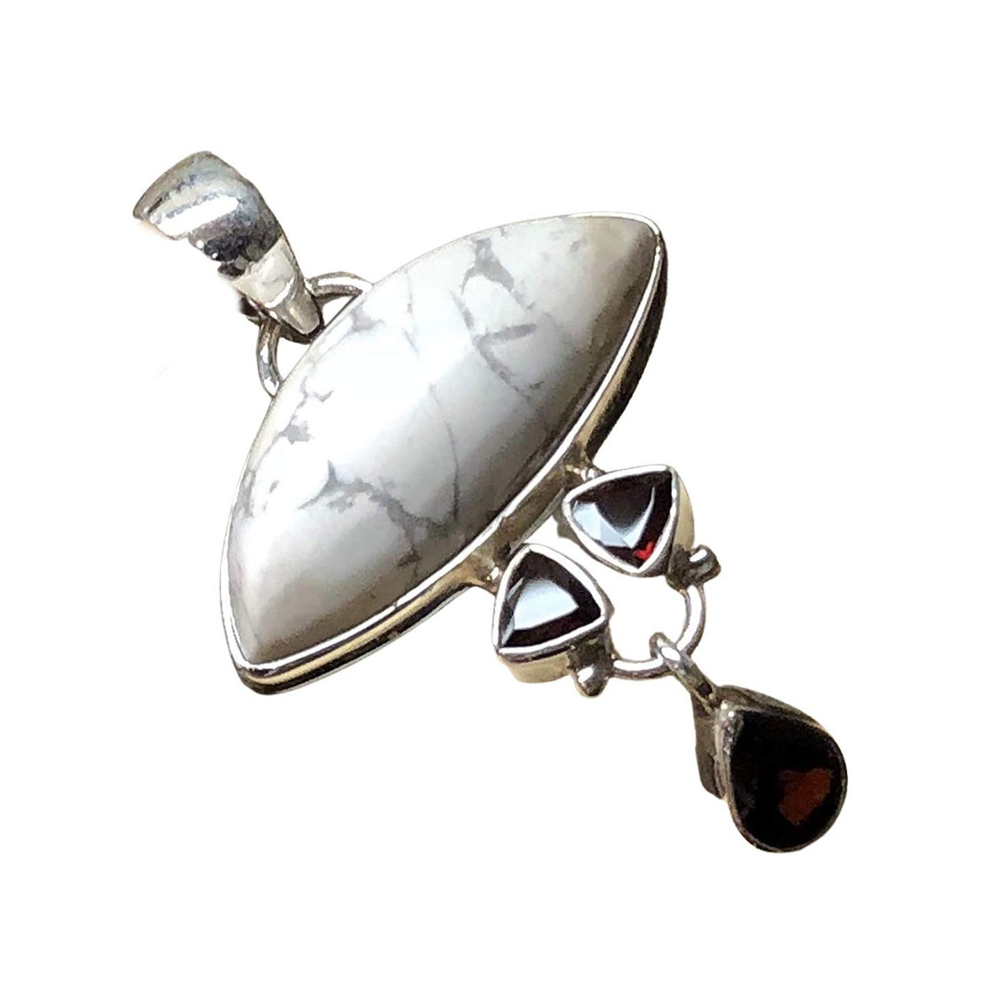 Natural White Howlite, Pyrope Garnet 925 Solid Sterling Silver Pendant 45mm