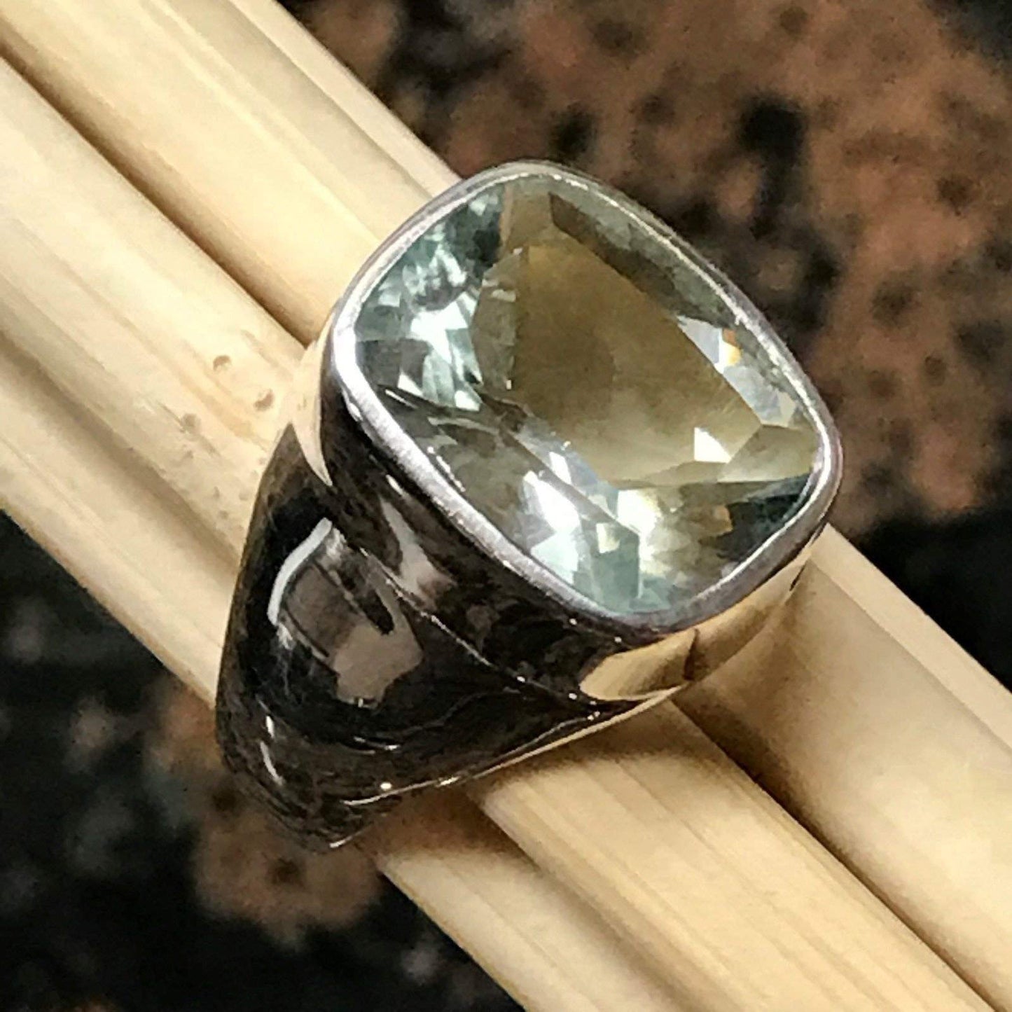 Natural 2.5ct Green Amethyst 925 Solid Sterling Silver Men's Ring Size 8.25