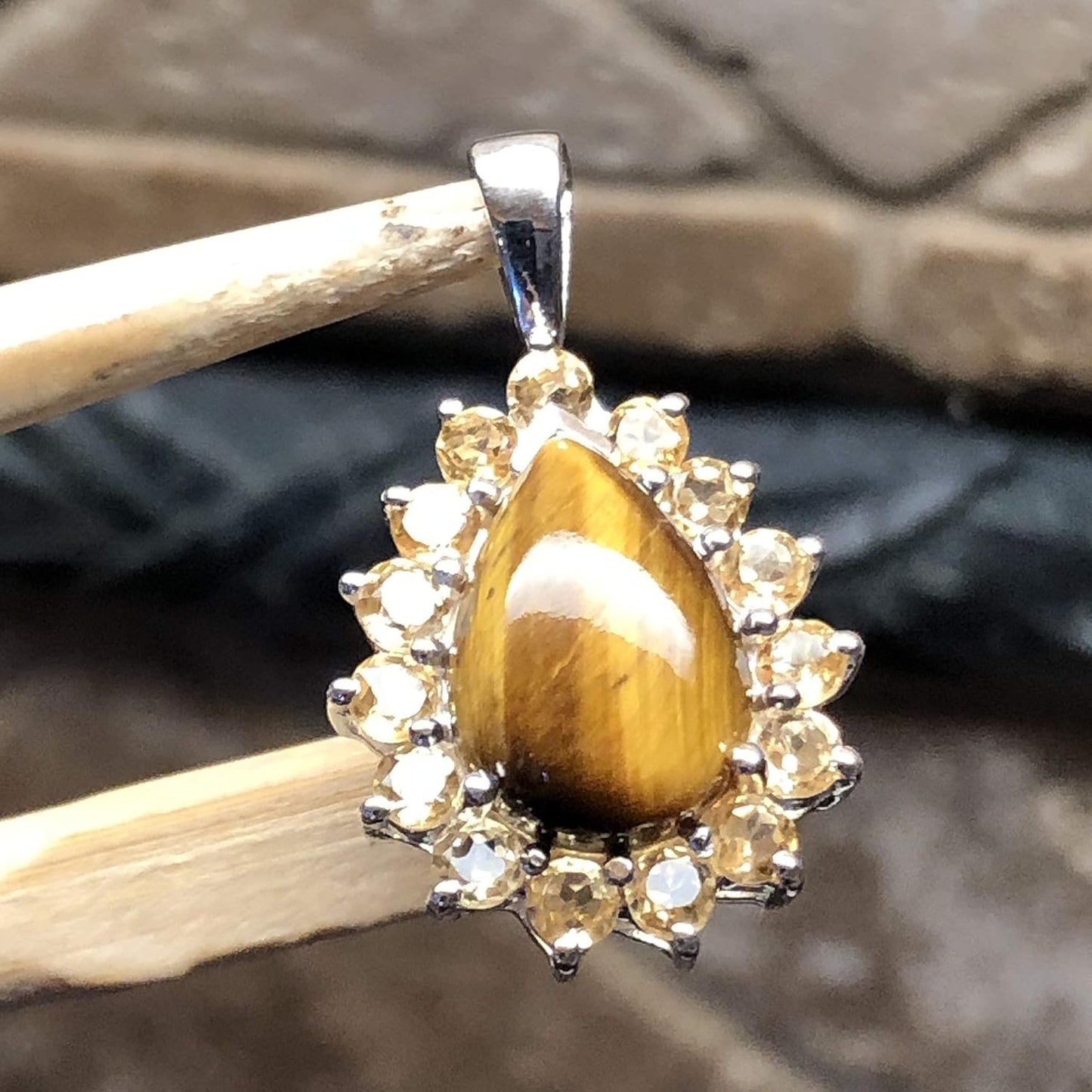Genuine Golden Citrine, Tiger's Eye 925 Solid Sterling Silver Pendant 35mm