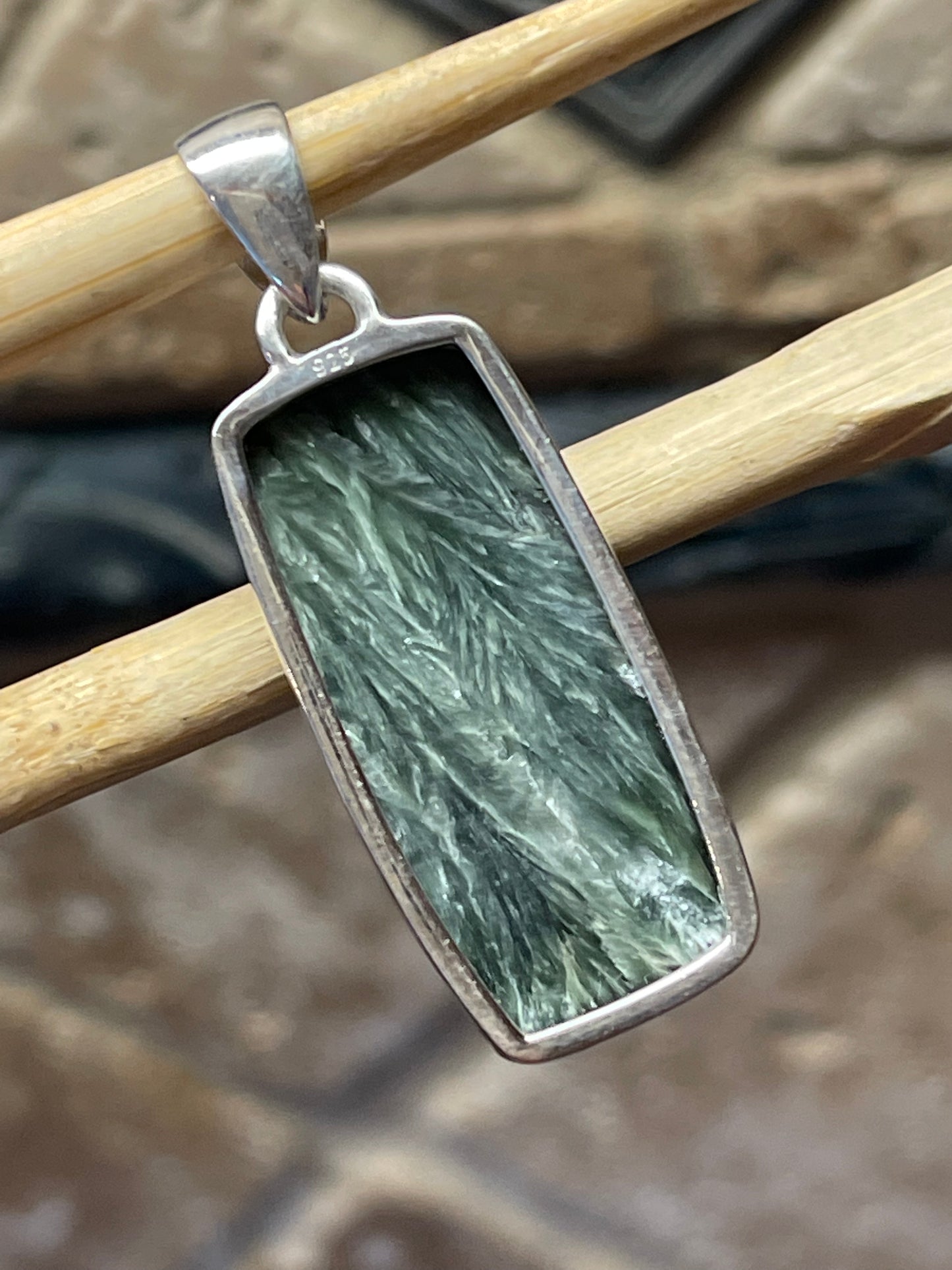 Natural Russian Seraphinite 925 Solid Sterling Silver Pendant 30mm - Natural Rocks by Kala