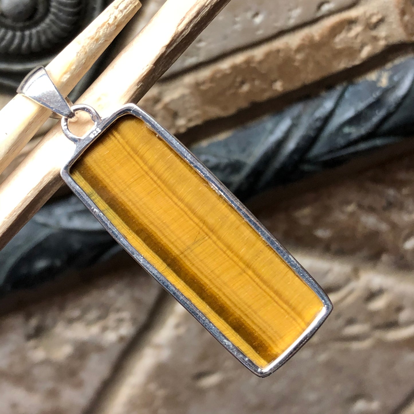 Natural Tiger's Eye 925 Solid Sterling Silver Men's Pendant 45mm