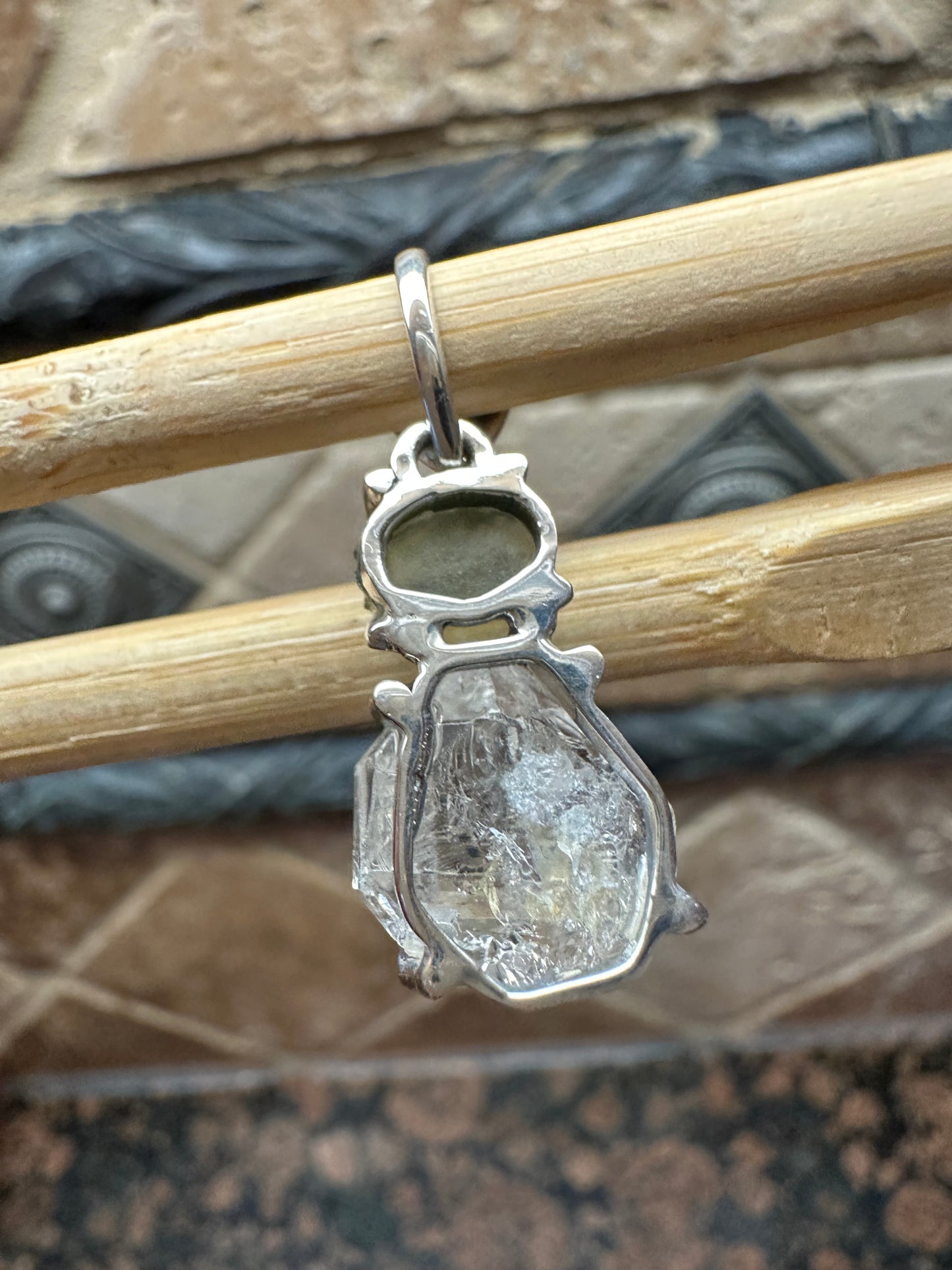 Natural Herkimer Diamond, Moldavite 925 Solid Sterling Silver Pendant 30mm