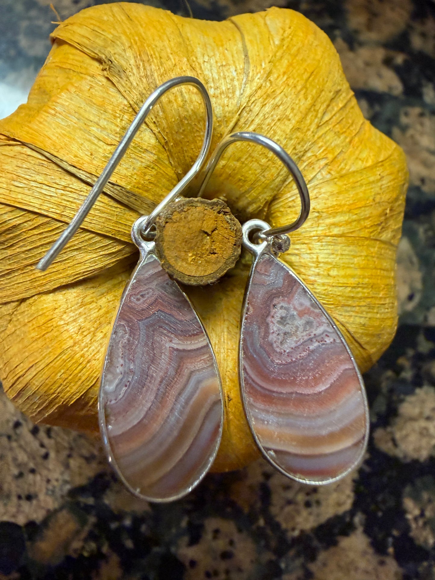 Natural Laguna Lace Agate 925 Sterling Silver Earrings 40mm