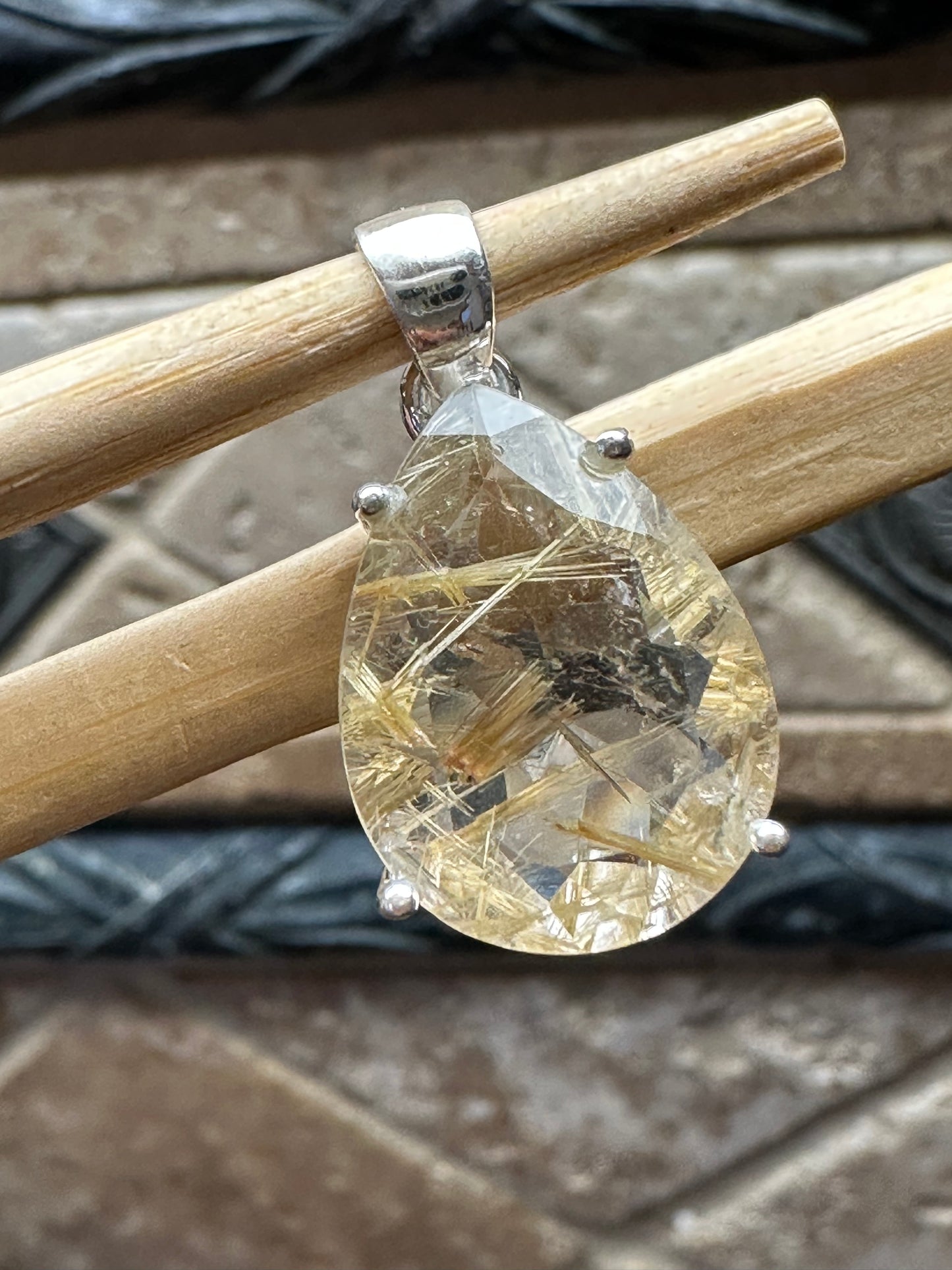 Genuine Golden Rutilated Quartz 925 Solid Sterling Silver Pendant 25mm - Natural Rocks by Kala