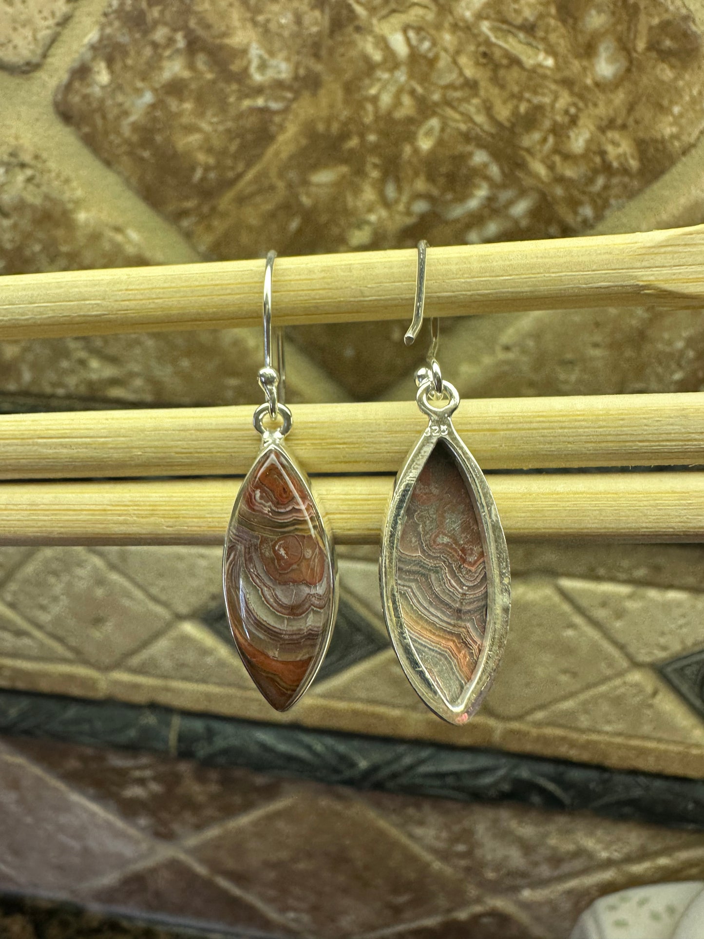 Natural Laguna Lace Agate 925 Sterling Silver Earrings 40mm