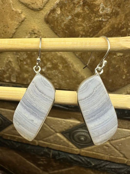 Natural Blue Lace Agate 925 Sterling Silver Earrings 30mm