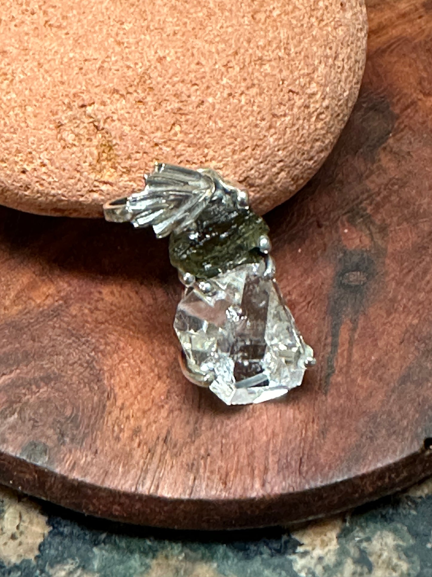 Natural Moldavite, Herkimer Diamond 925 Solid Sterling Silver Pendant 25mm