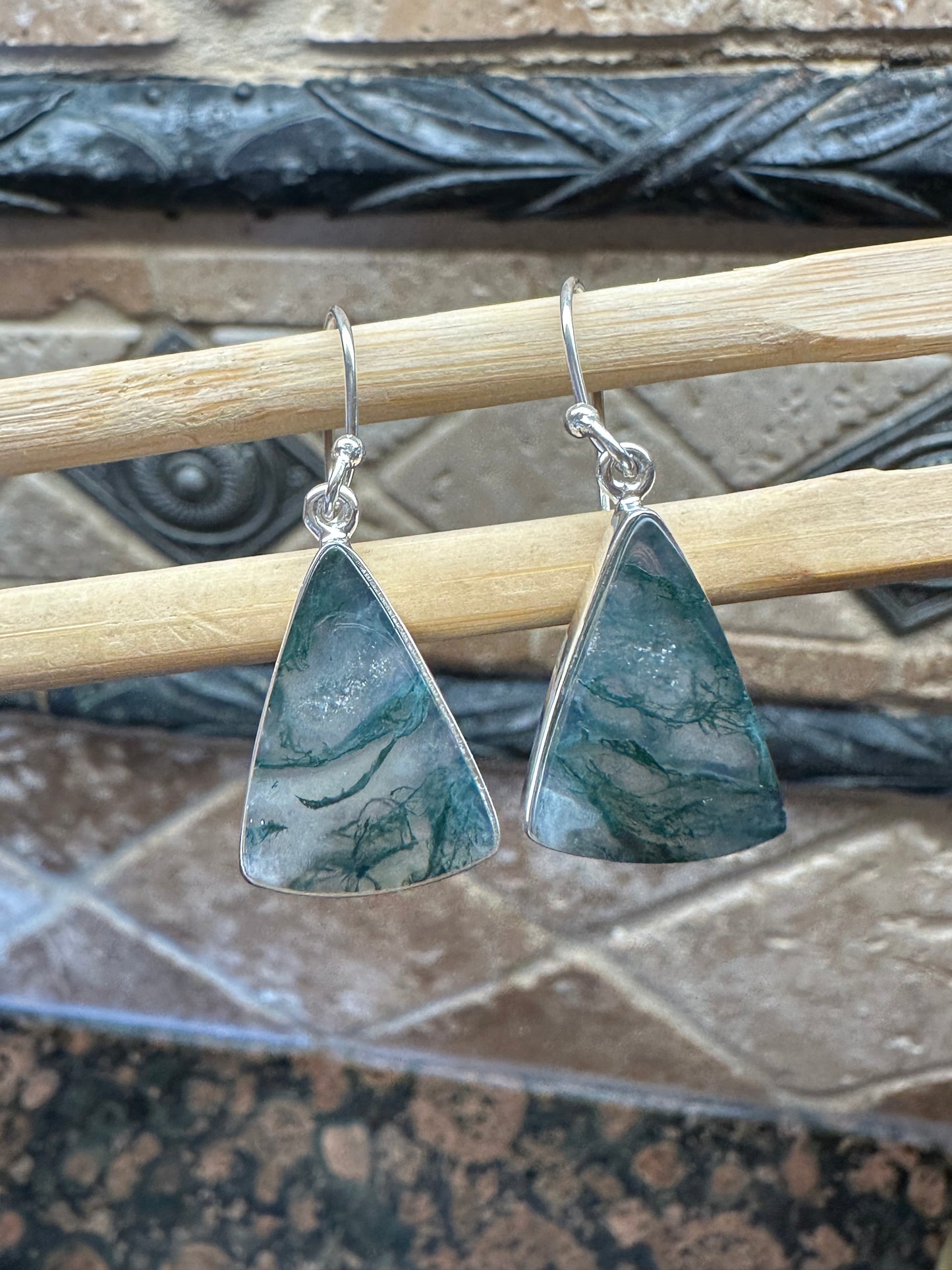 Natural Green Moss Agate 925 Solid Sterling Silver Earrings 40mm