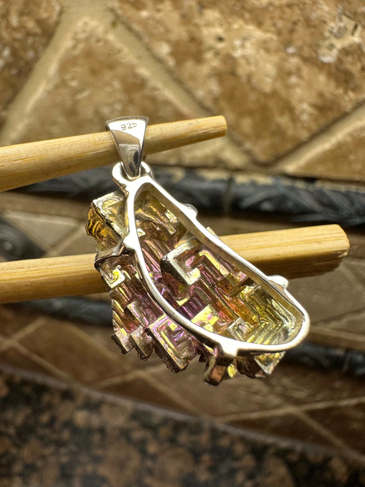 Natural Bismuth Crystal 925 Solid Sterling Silver Pendant 30mm