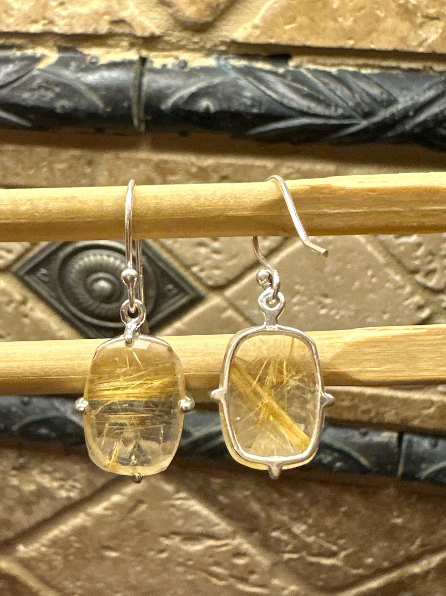 Genuine Golden Rutilated 925 Solid Sterling Silver Earrings 30mm