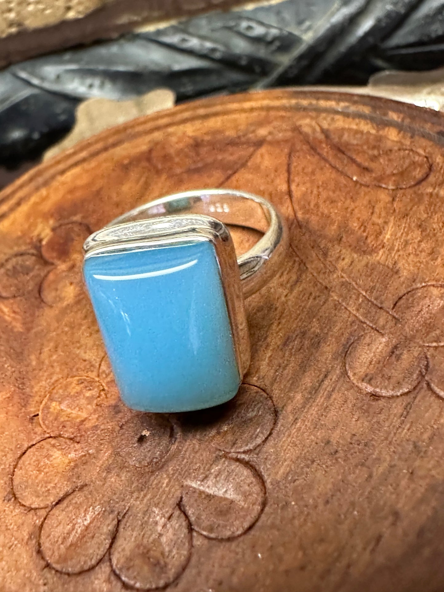 Natural Blue Chalcedony 925 Solid Sterling Silver Unisex Ring Size 8