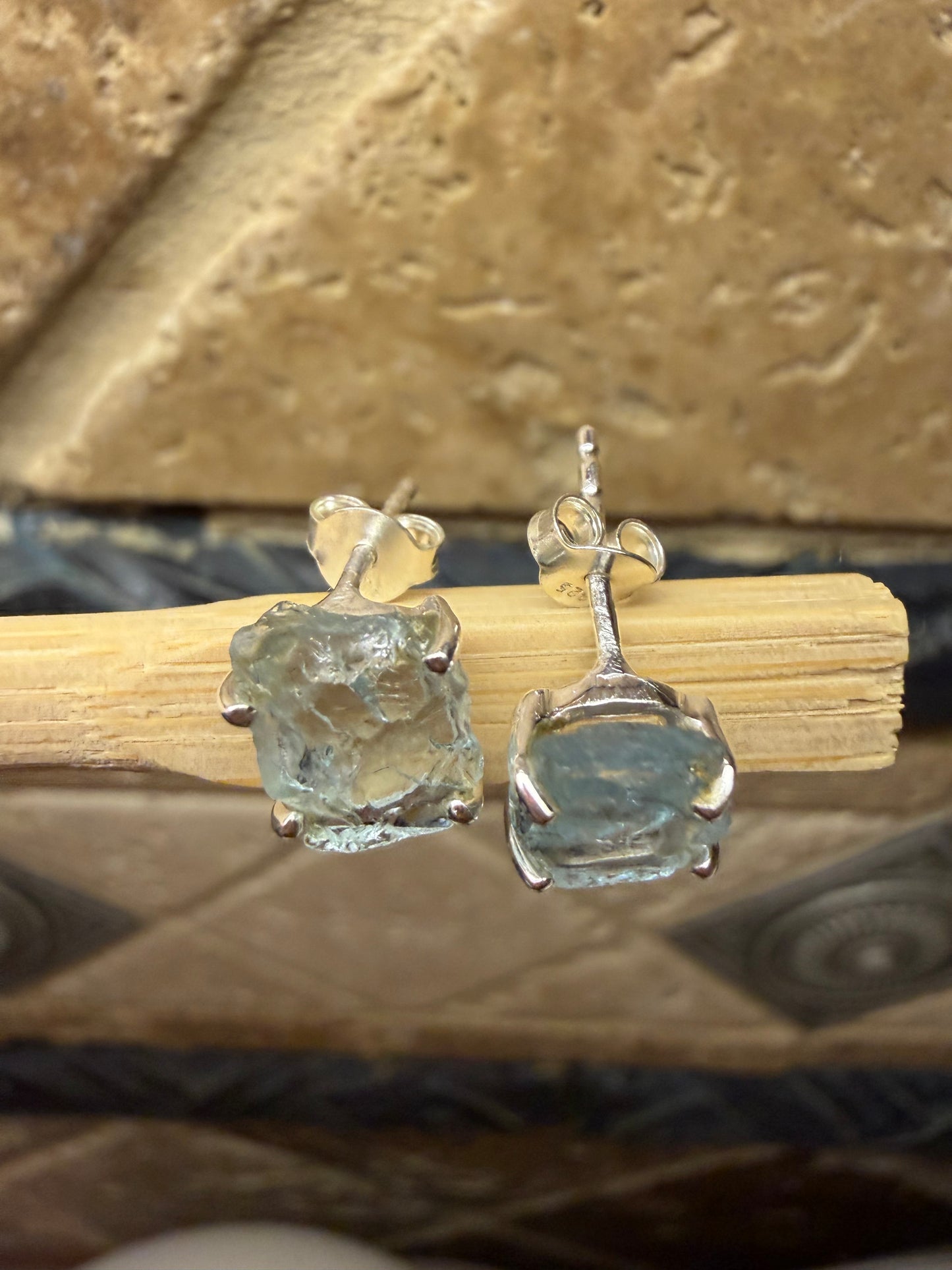 Natural Raw Blue Aquamarine 925 Solid Sterling Silver Earrings 9mm