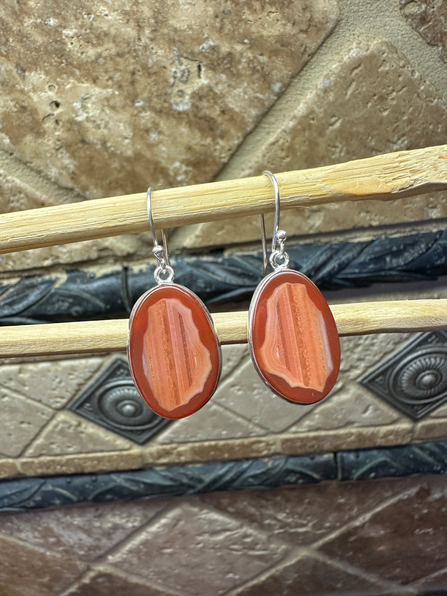 Natural Lake Superior Agate, Garnet 925 Solid Sterling Silver Earrings 40mm