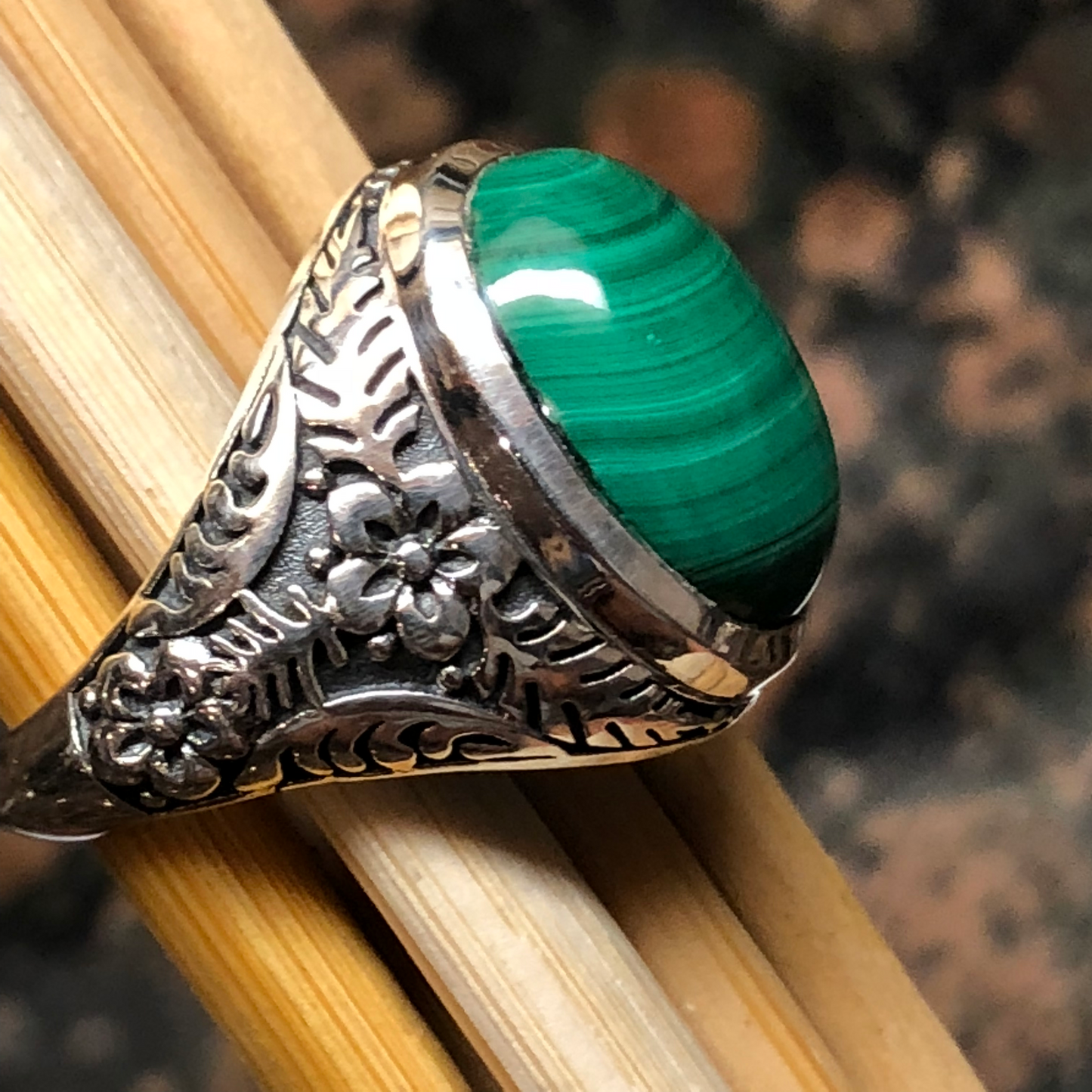 Natural Green Malachite 925 Solid Sterling Silver Men's Ring Size 8, 9, 10, 11, 12 - Natural Rocks by Kala