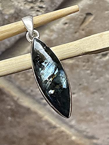 Natural Larvikite Black Moonstone 925 Solid Sterling Silver Pendant 35mm - Natural Rocks by Kala
