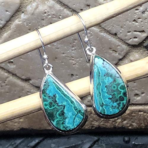 Natural Malachite in Chrysocolla 925 Solid Sterling Silver Earrings 30mm - Natural Rocks by Kala