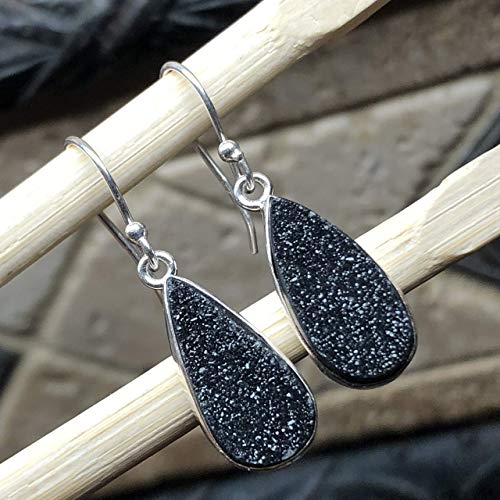 Natural Cluster Black Druzy 925 Solid Sterling Silver Earrings 30mm - Natural Rocks by Kala