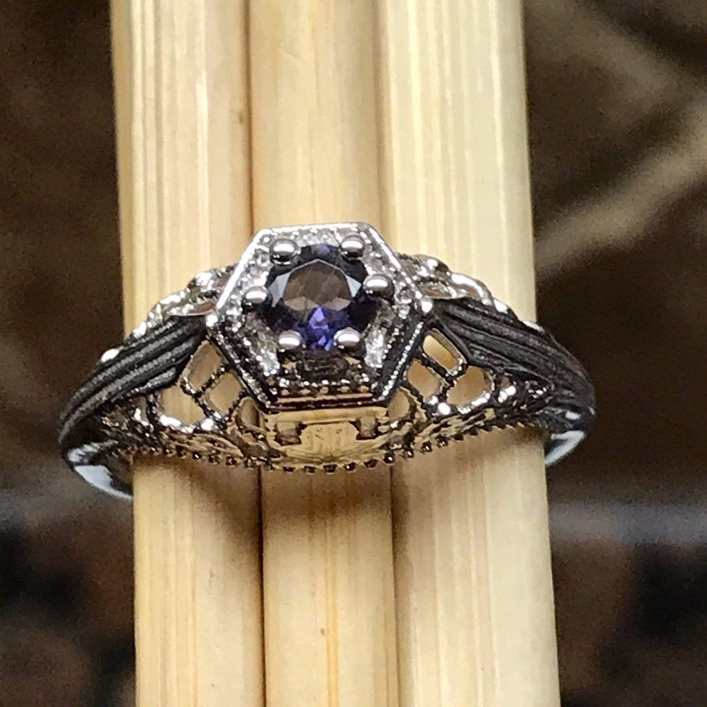Natural Iolite Water Sapphire 925 Solid Sterling Silver Filigree Ring Size 6, 7, 8, 9 - Natural Rocks by Kala