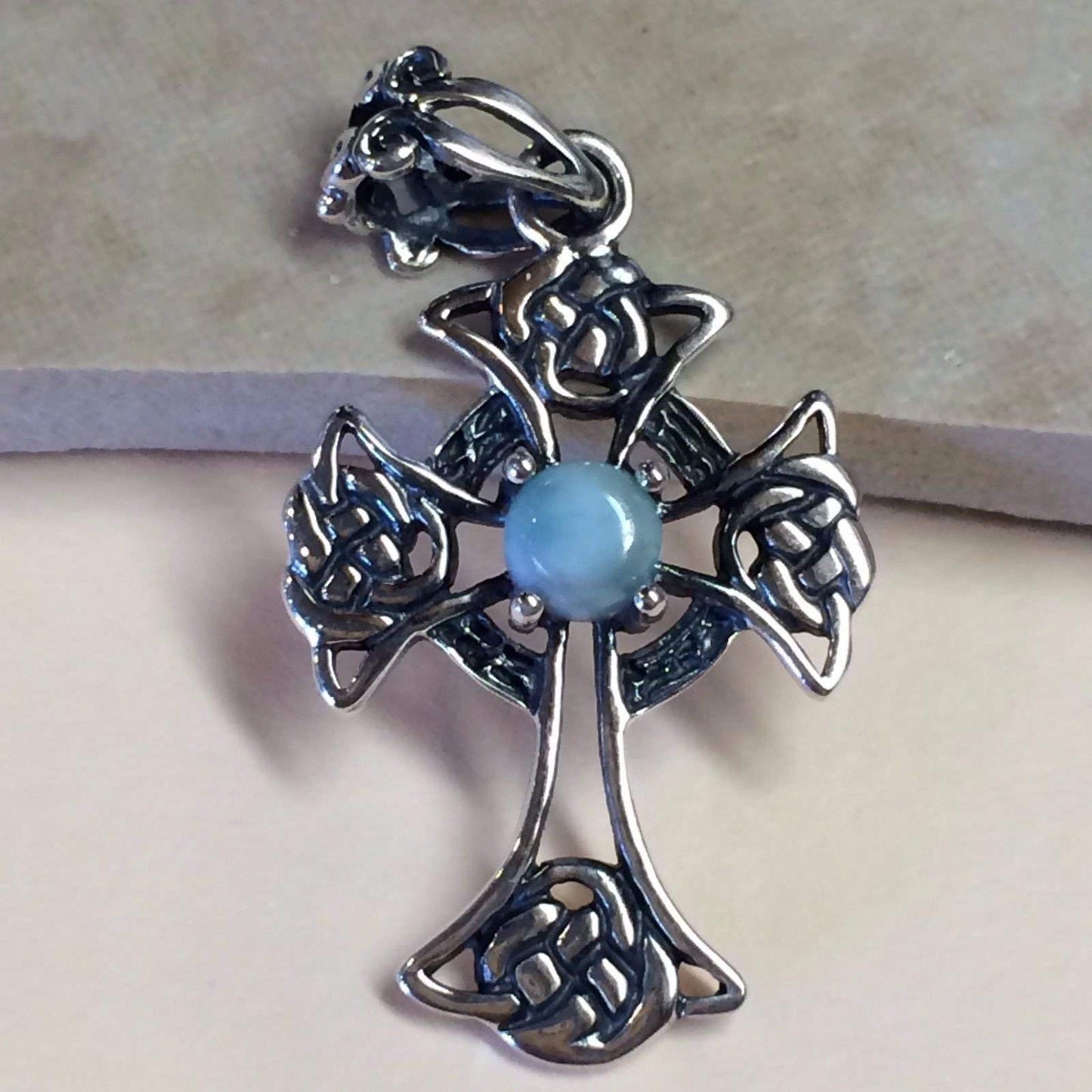 Natural Dominican Larimar 925 Solid Sterling Silver Cross Pendant 36mm - Natural Rocks by Kala