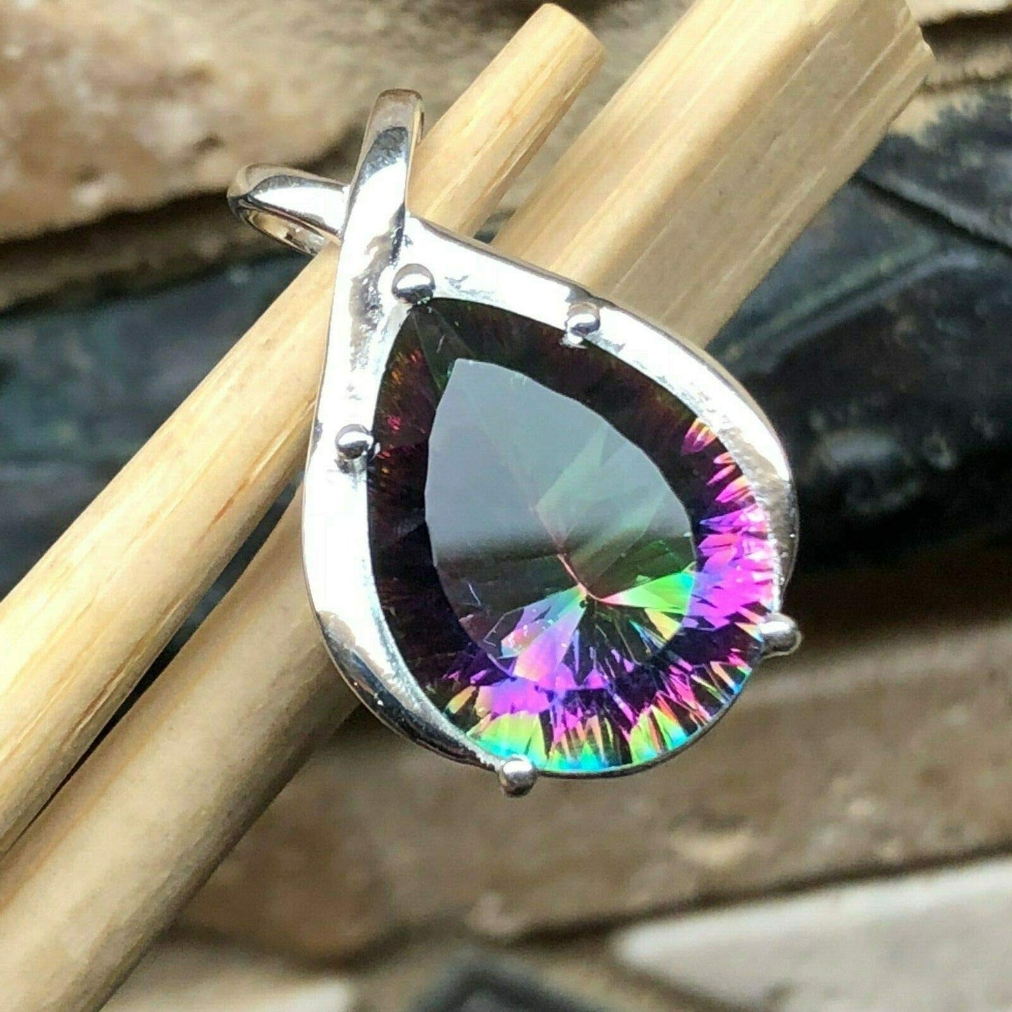 10ct Rainbow Mystic Topaz 925 Solid Sterling Silver Pendant 30mm - Natural Rocks by Kala