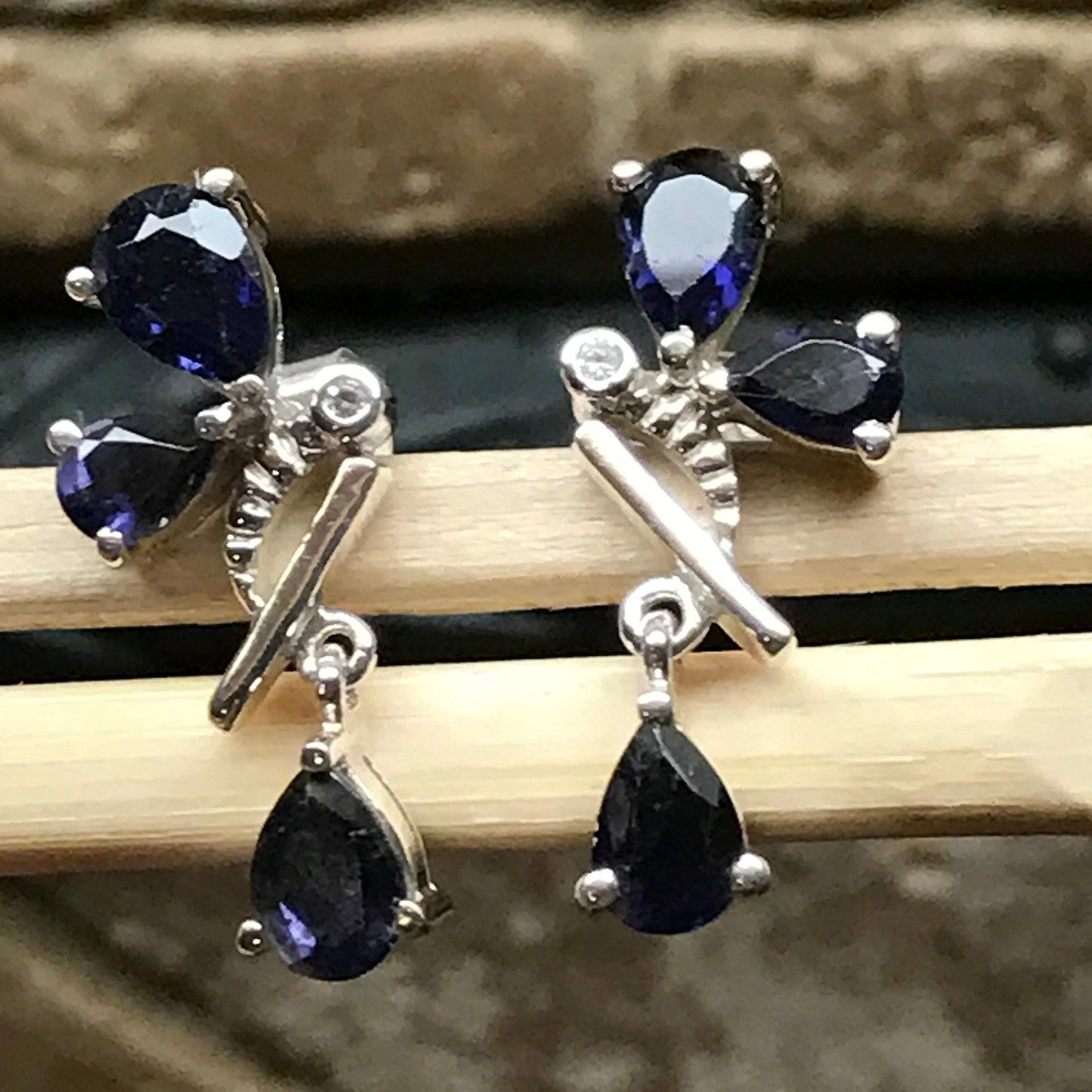 Genuine 4ct Iolite 925 Solid Sterling Silver Bee Earrings 25mm - Natural Rocks by Kala