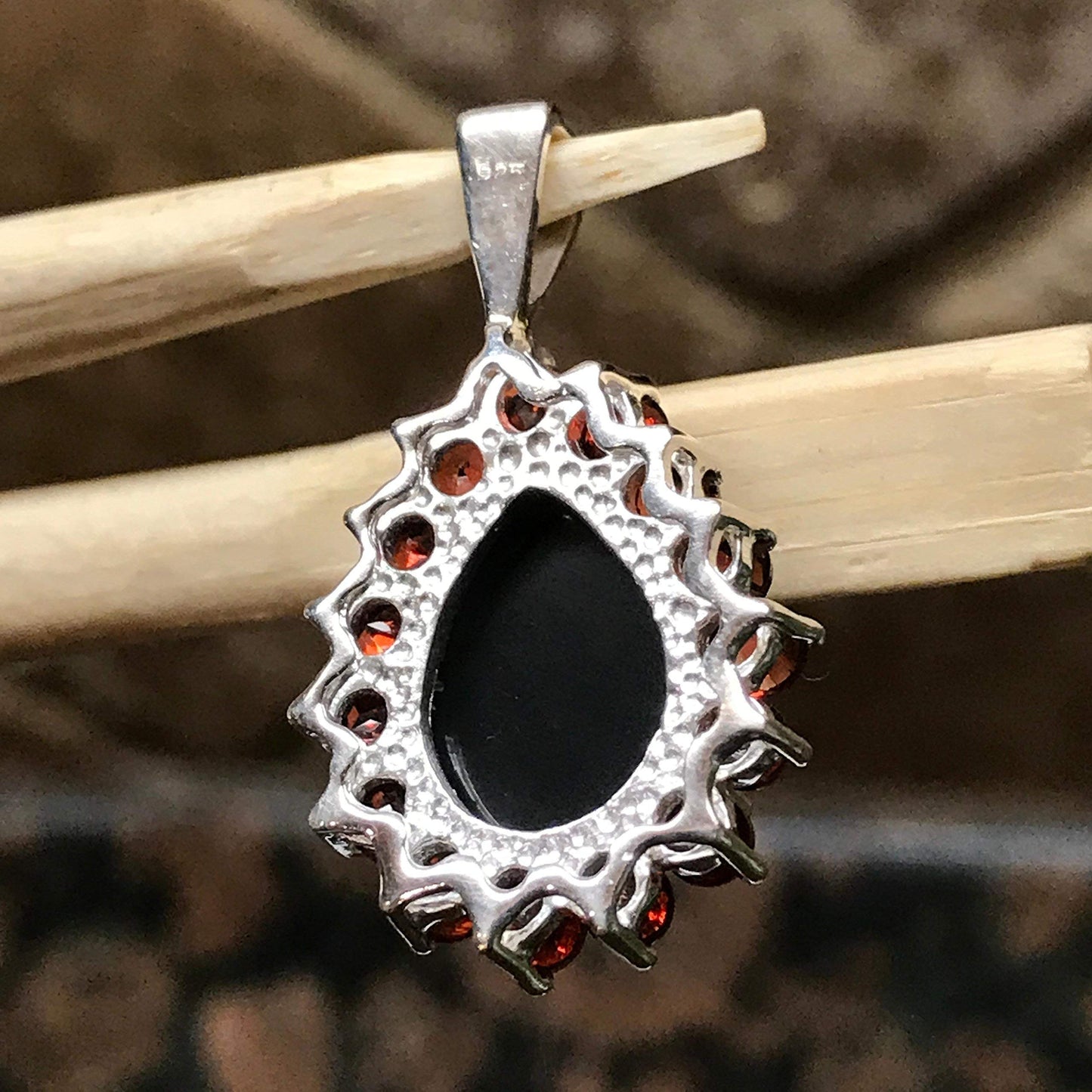 Natural 8ct Pyrope Garnet, Black Onyx 925 Solid Sterling Silver Pendant 27mm - Natural Rocks by Kala