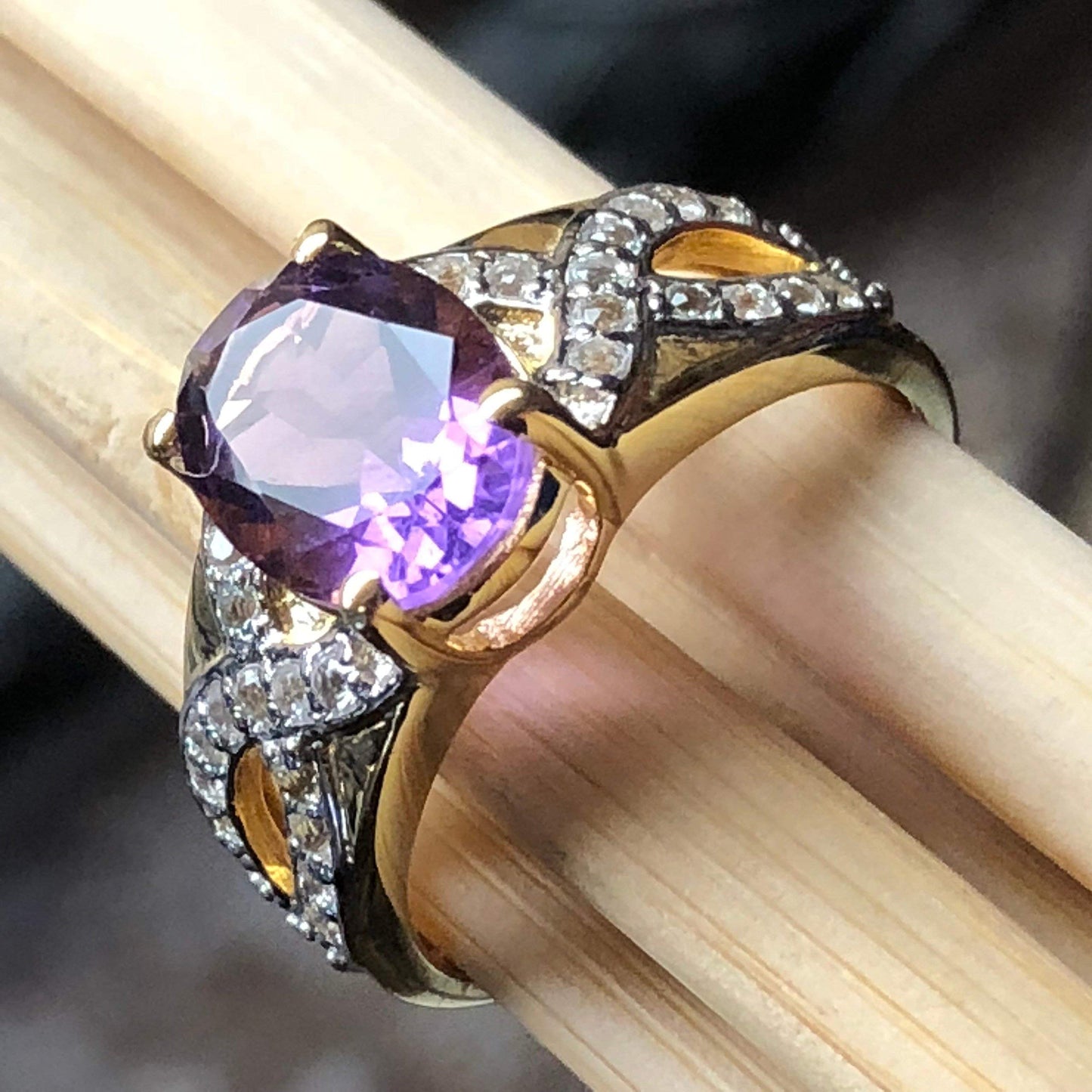 Natural 2ct Purple Amethyst 14K Yellow Gold over Silver Engagement Ring Size 6, 7, 8 - Natural Rocks by Kala