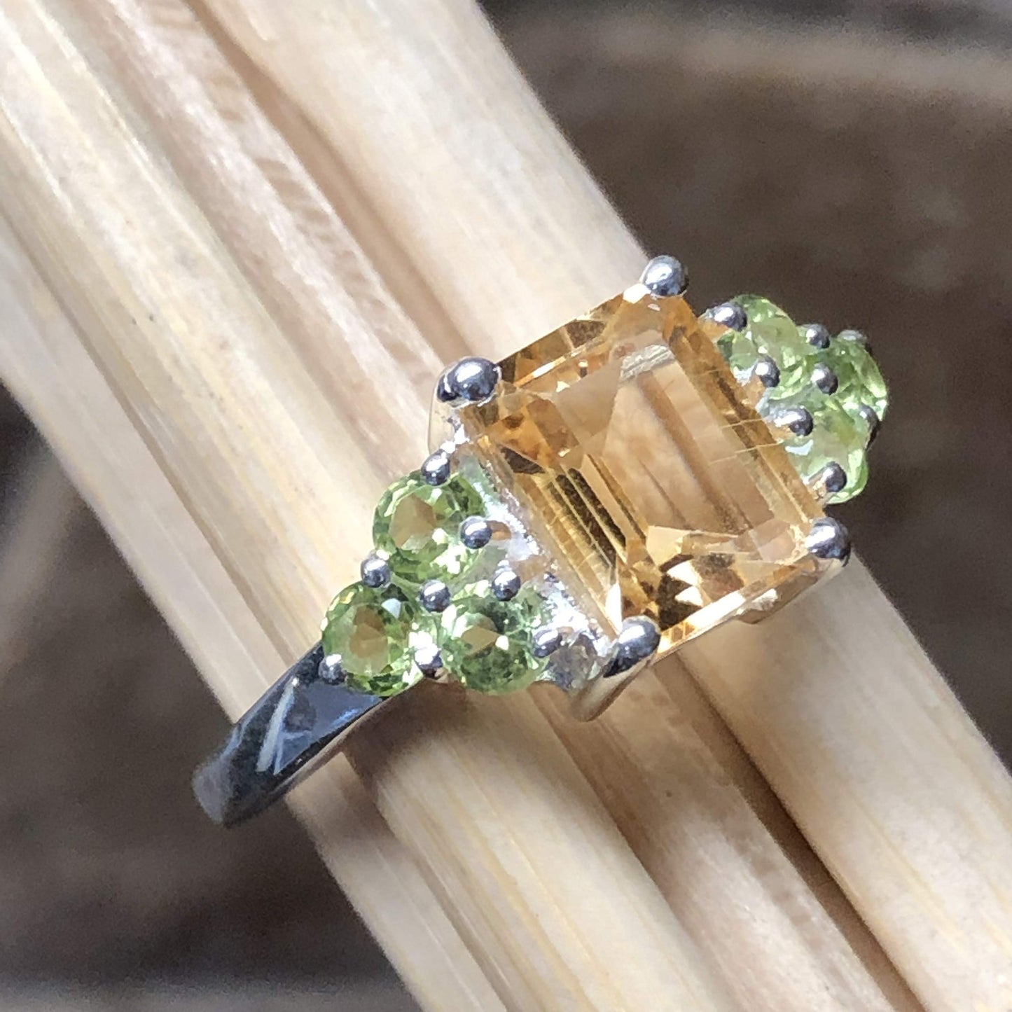 Natural 4ct Golden Citrine, Apple Green Peridot 925 Solid Sterling Silver Ring Size 7, 8 - Natural Rocks by Kala