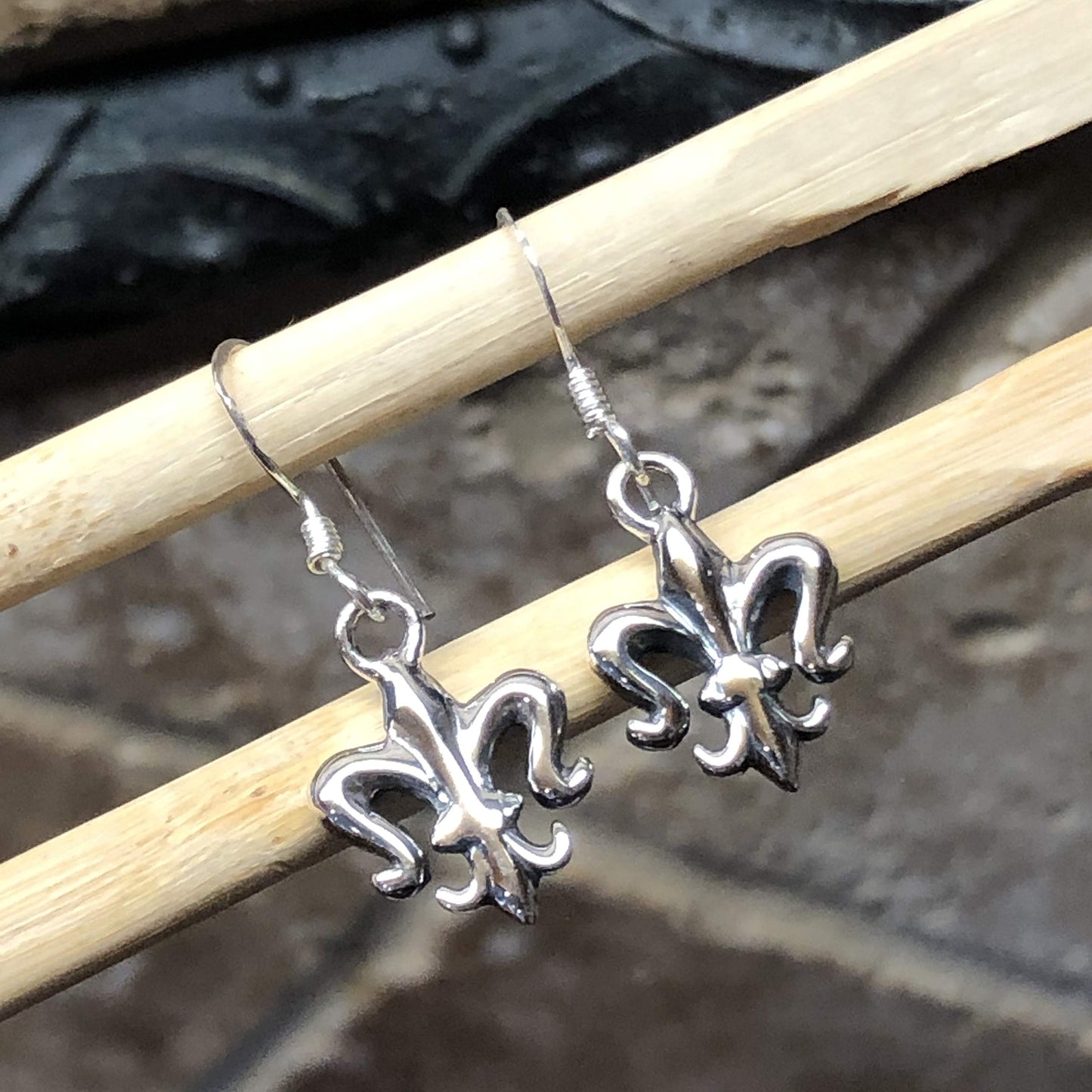 Fleur De Lis 925 Solid Sterling Silver Earrings 25mm - Natural Rocks by Kala