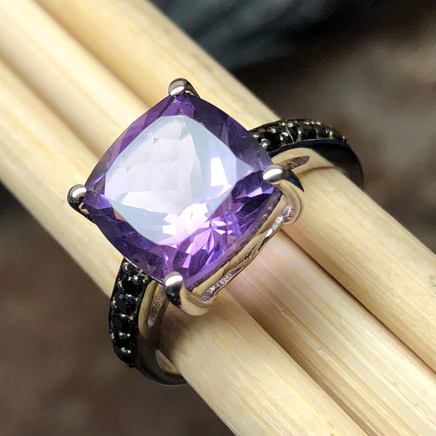 Natural 2.75ct Purple Amethyst, Black Spinel 925 Sterling Silver Engagement Ring Size 6, 7, 8, 9 - Natural Rocks by Kala