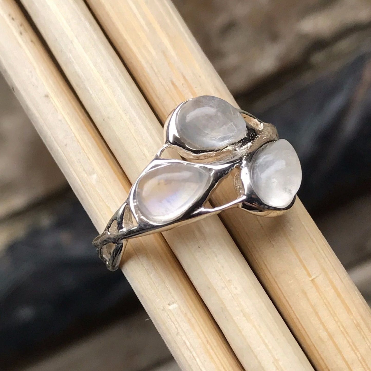 Natural Rainbow Moonstone 925 Solid Sterling Silver Ring Size 6, 8, 9 - Natural Rocks by Kala