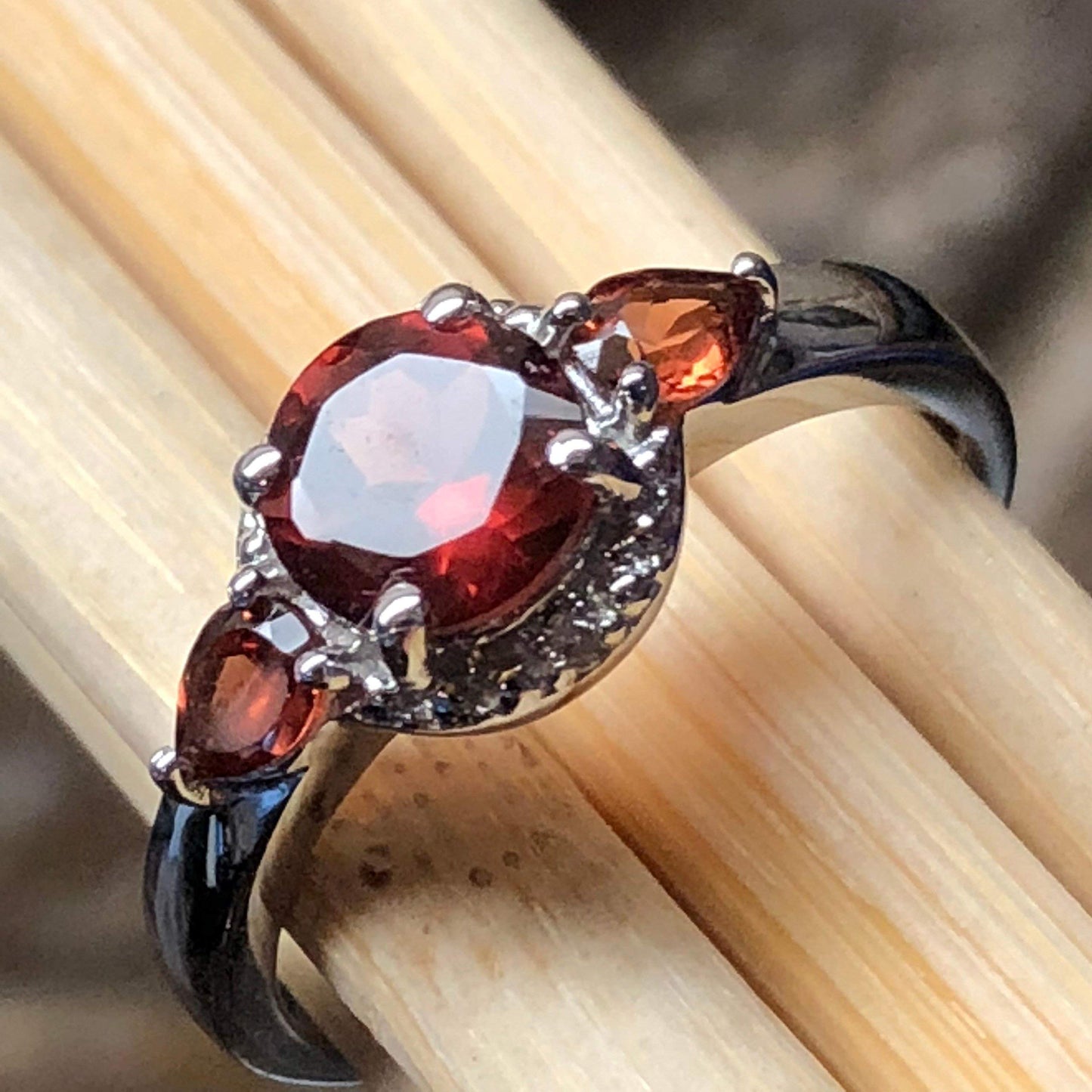 Genuine 1.5ct Pyrope Garnet, White Diamond 925 Solid Sterling Silver Engagement Ring Size 5, 6, 7, 8, 9 - Natural Rocks by Kala