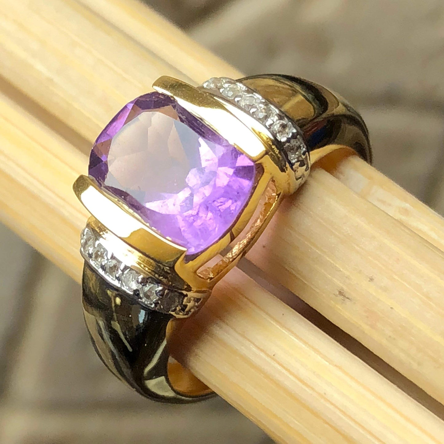 Natural 2ct Purple Amethyst, White Topaz 14k Gold Over Silver Ring Size 6, 7, 8, 9 - Natural Rocks by Kala
