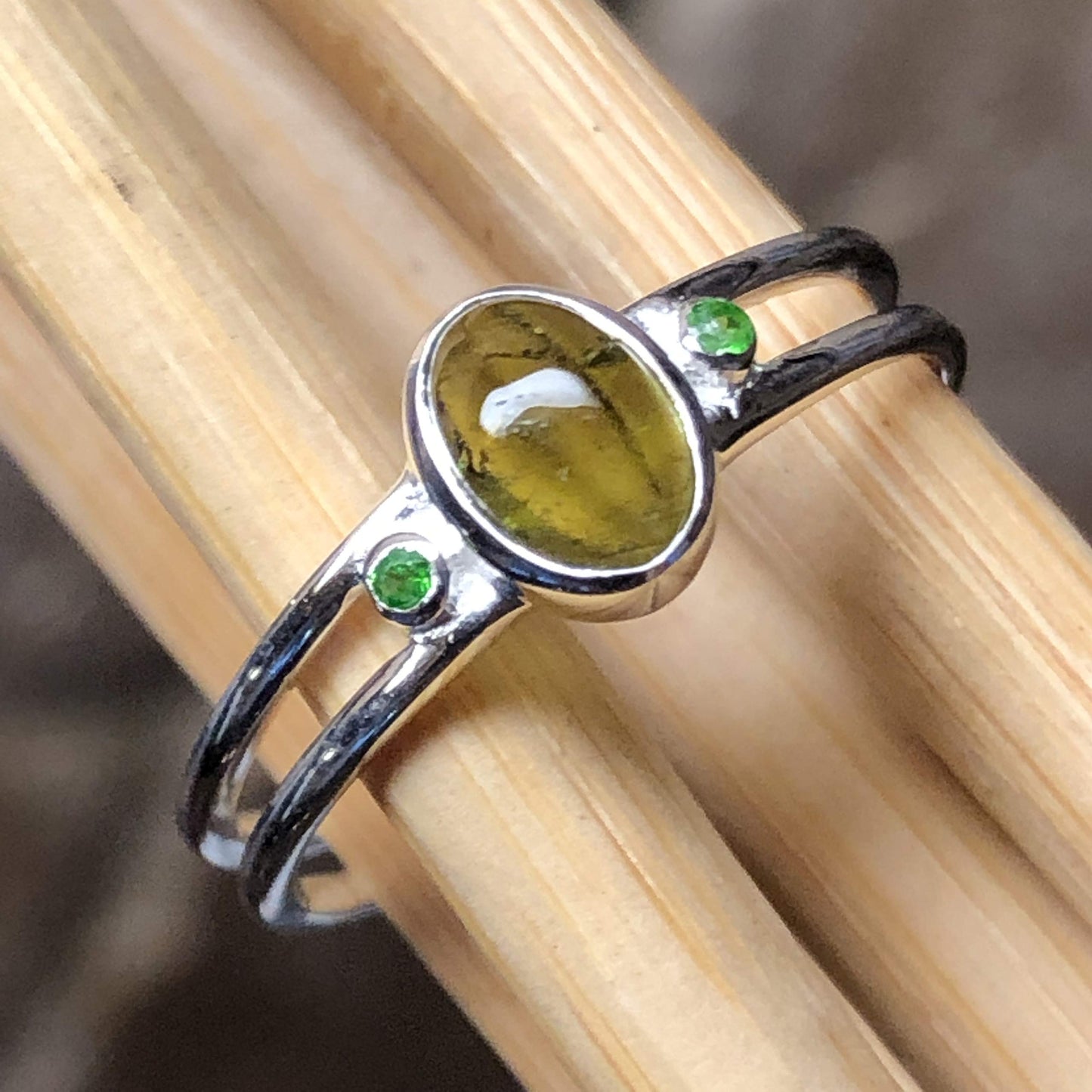 Genuine Green Tourmaline, Peridot 925 Solid Sterling Silver Engagement Ring Size 7, 8, 9 - Natural Rocks by Kala