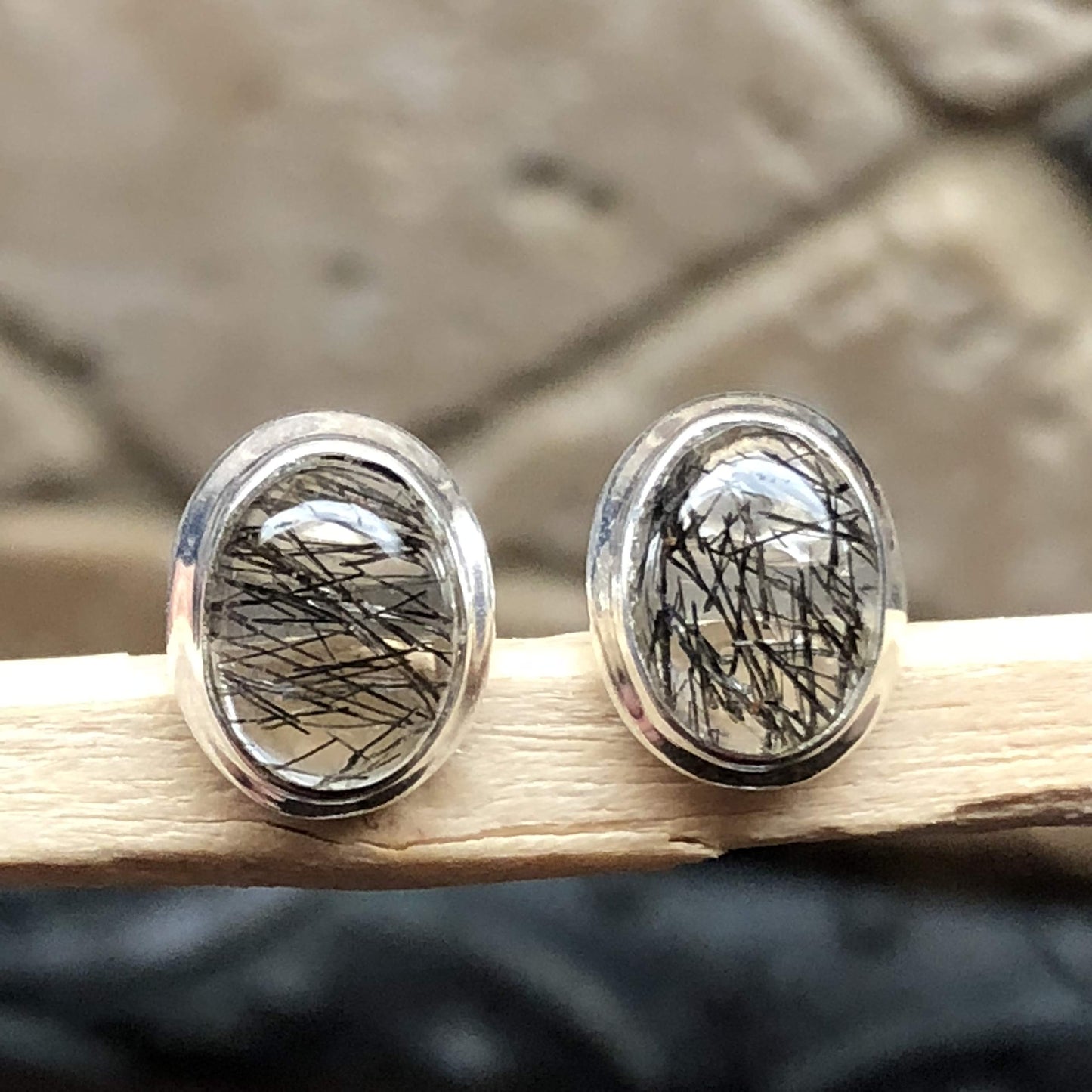 Natural Black Rutilated 925 Solid Sterling Silver Earrings 10mm - Natural Rocks by Kala