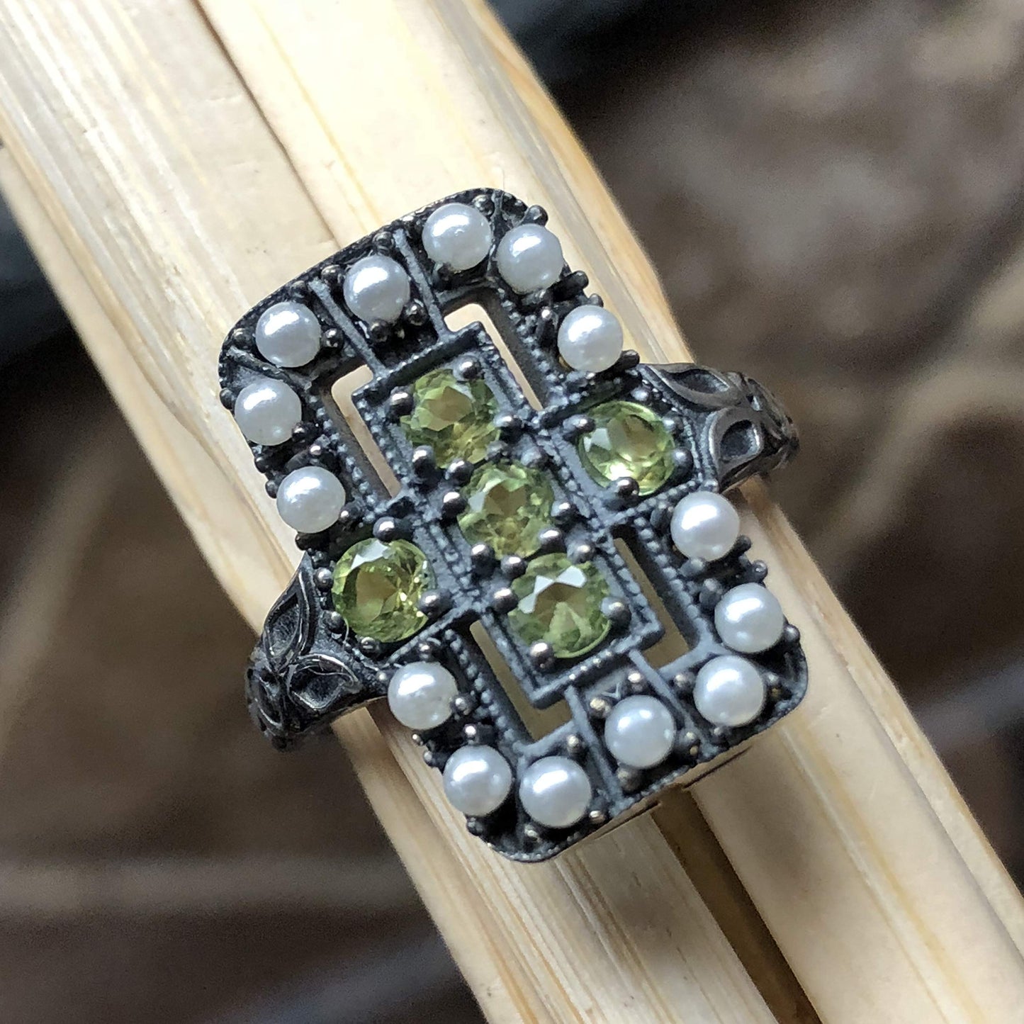 Natural Green Peridot, Pearl 925 Solid Sterling Silver Engagement Ring Size 6, 7, 8, 9 - Natural Rocks by Kala