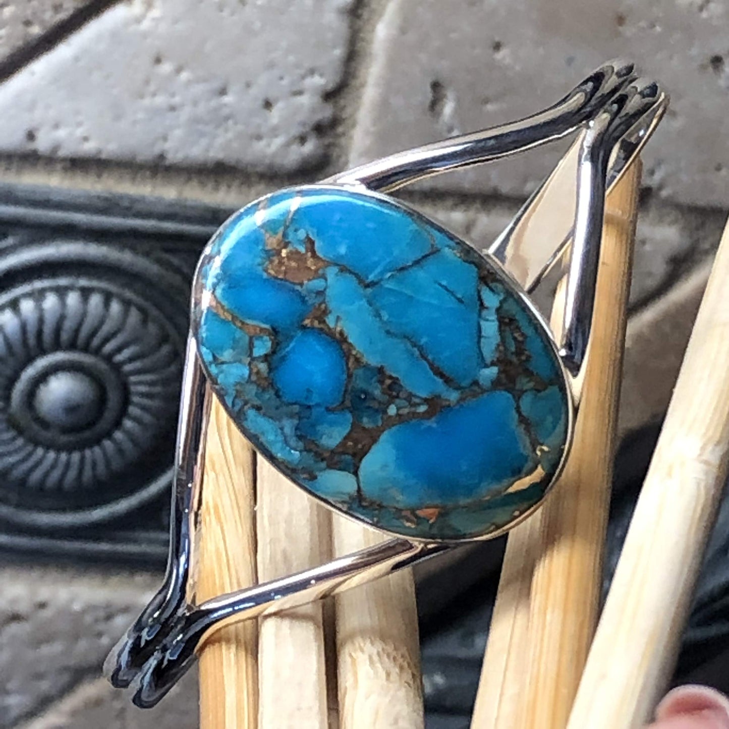 Gorgeous Blue Mohave Turquoise 925 Sterling Silver Bezel Setting Cuff Bracelet - Natural Rocks by Kala