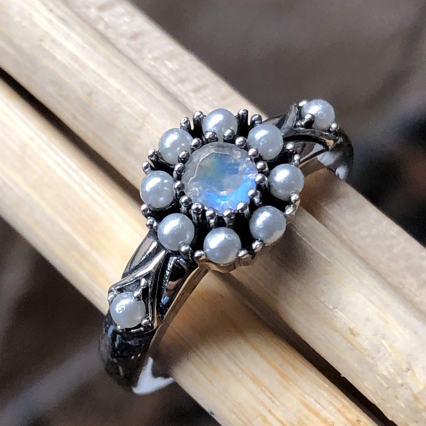 Natural Rainbow Moonstone, Pearl 925 Sterling Silver Engagement Ring Size 6, 7, 8, 9 - Natural Rocks by Kala