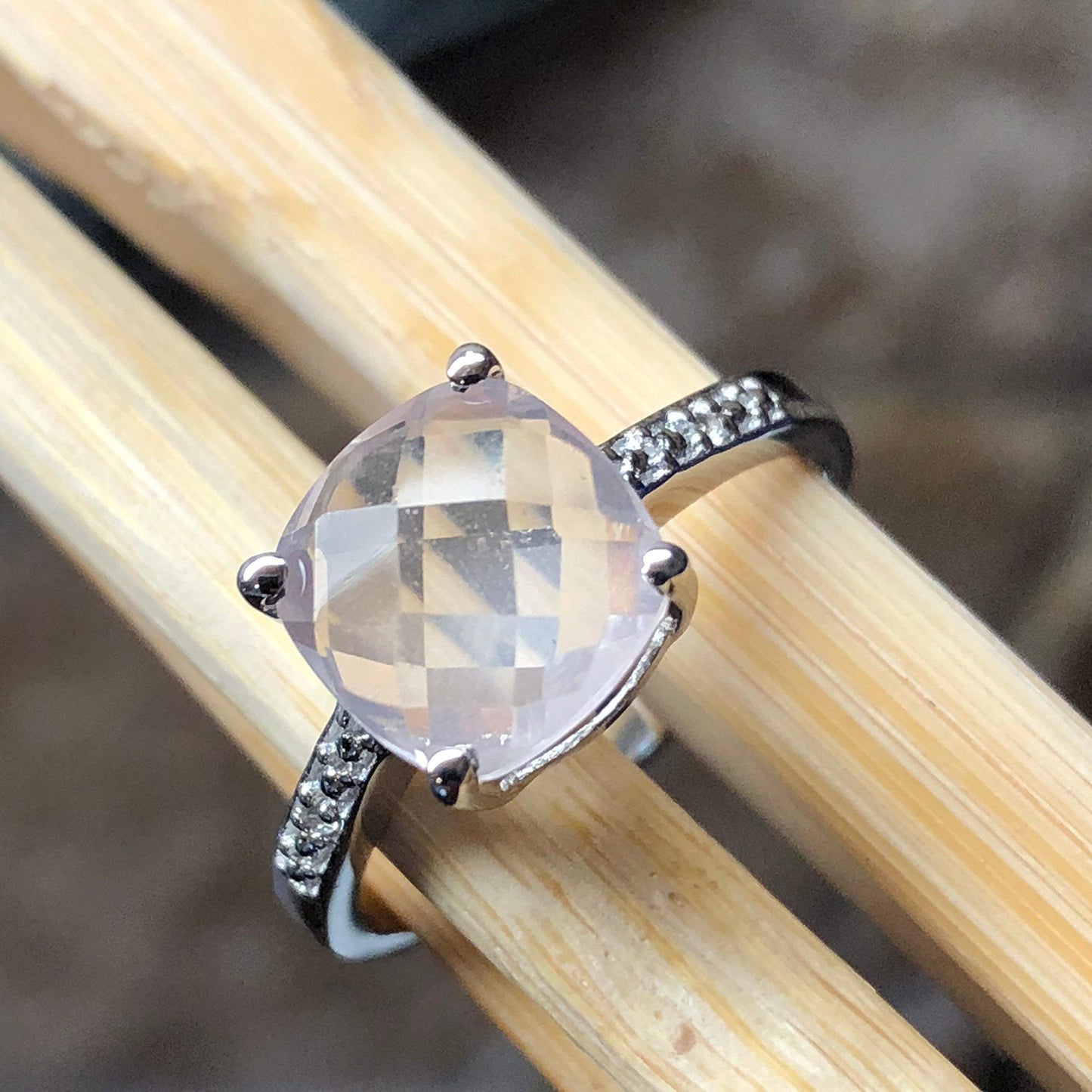 Natural 1.5ct Pink Rose Quartz, White Topaz 925 Sterling Silver Engagement Ring Size 5, 6, 7, 8, 9 - Natural Rocks by Kala