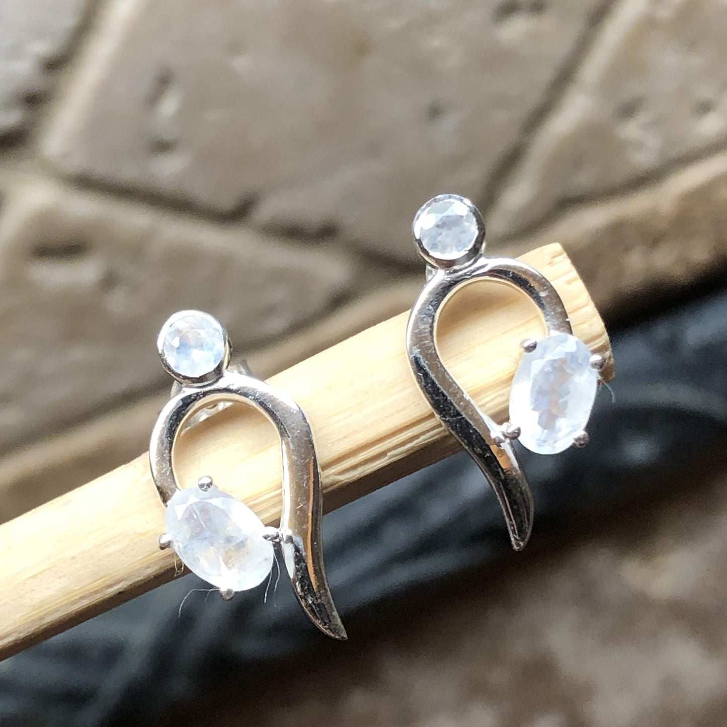 Natural Rainbow Moonstone 925 Solid Sterling Silver Earrings 18mm - Natural Rocks by Kala