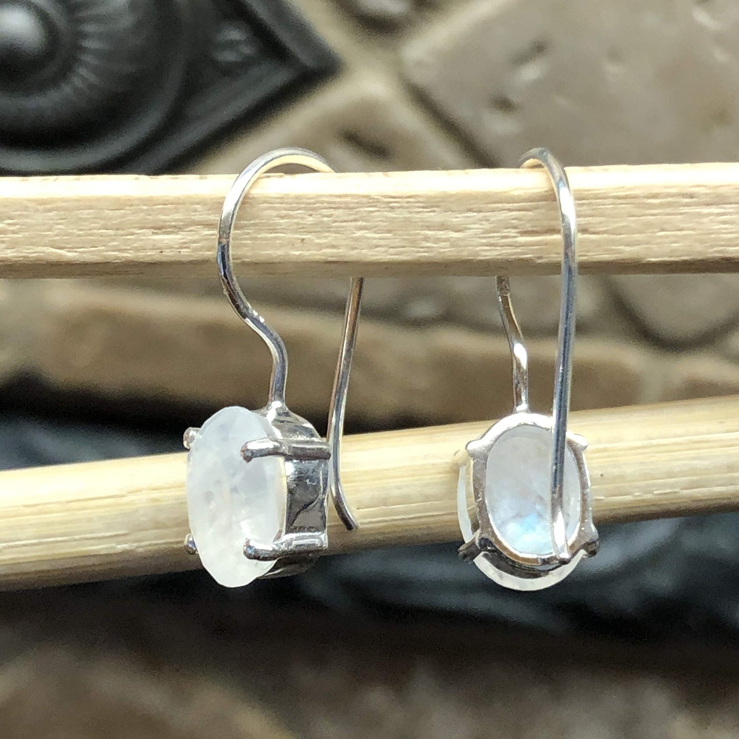 Natural Rainbow Moonstone 925 Solid Sterling Silver Earrings 24mm - Natural Rocks by Kala