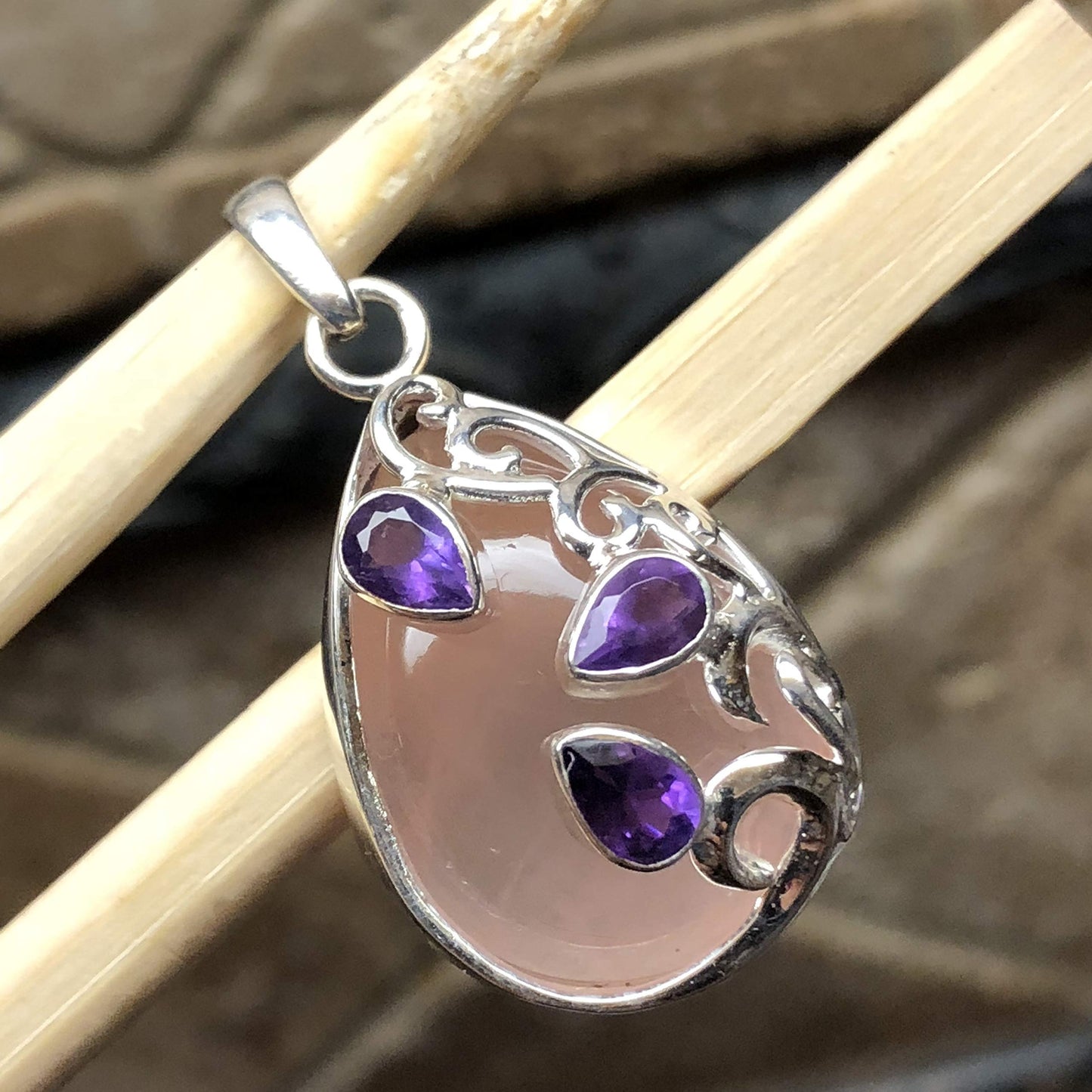Natural Pink Rose Quartz, Amethyst 925 Solid Sterling Silver Pendant 35mm - Natural Rocks by Kala