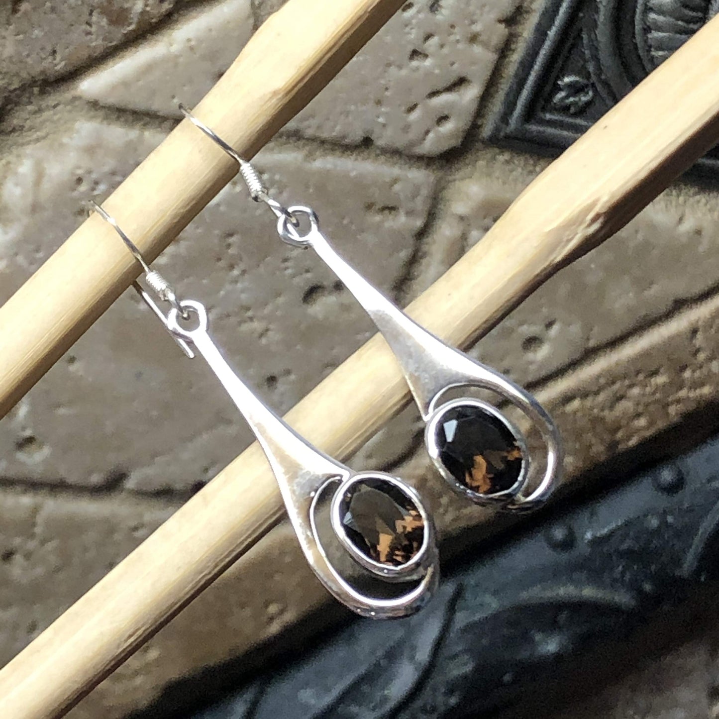 Genuine 2ct Smoky Topaz 925 Solid Sterling Silver Earrings 40mm - Natural Rocks by Kala