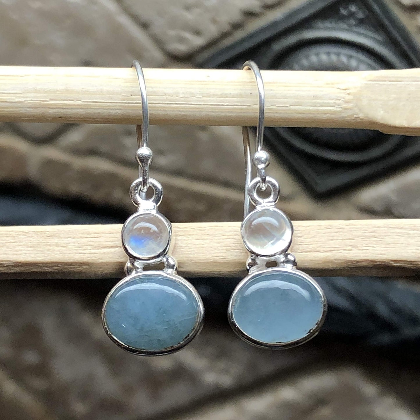Natural Aquamarine, Moonstone 925 Solid Sterling Silver Earrings 30mm - Natural Rocks by Kala