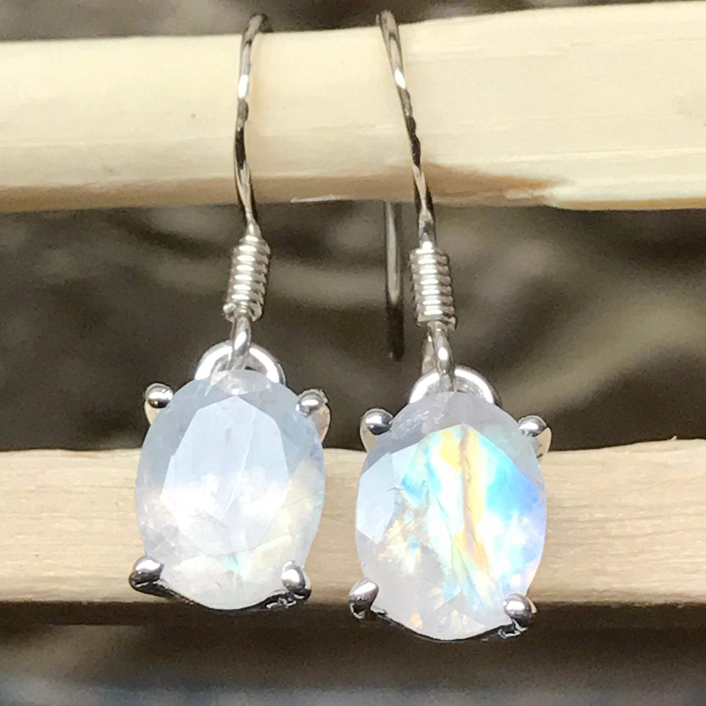 Natural Rainbow Moonstone 925 Solid Sterling Silver Dangle Oval Earrings 24mm long - Natural Rocks by Kala