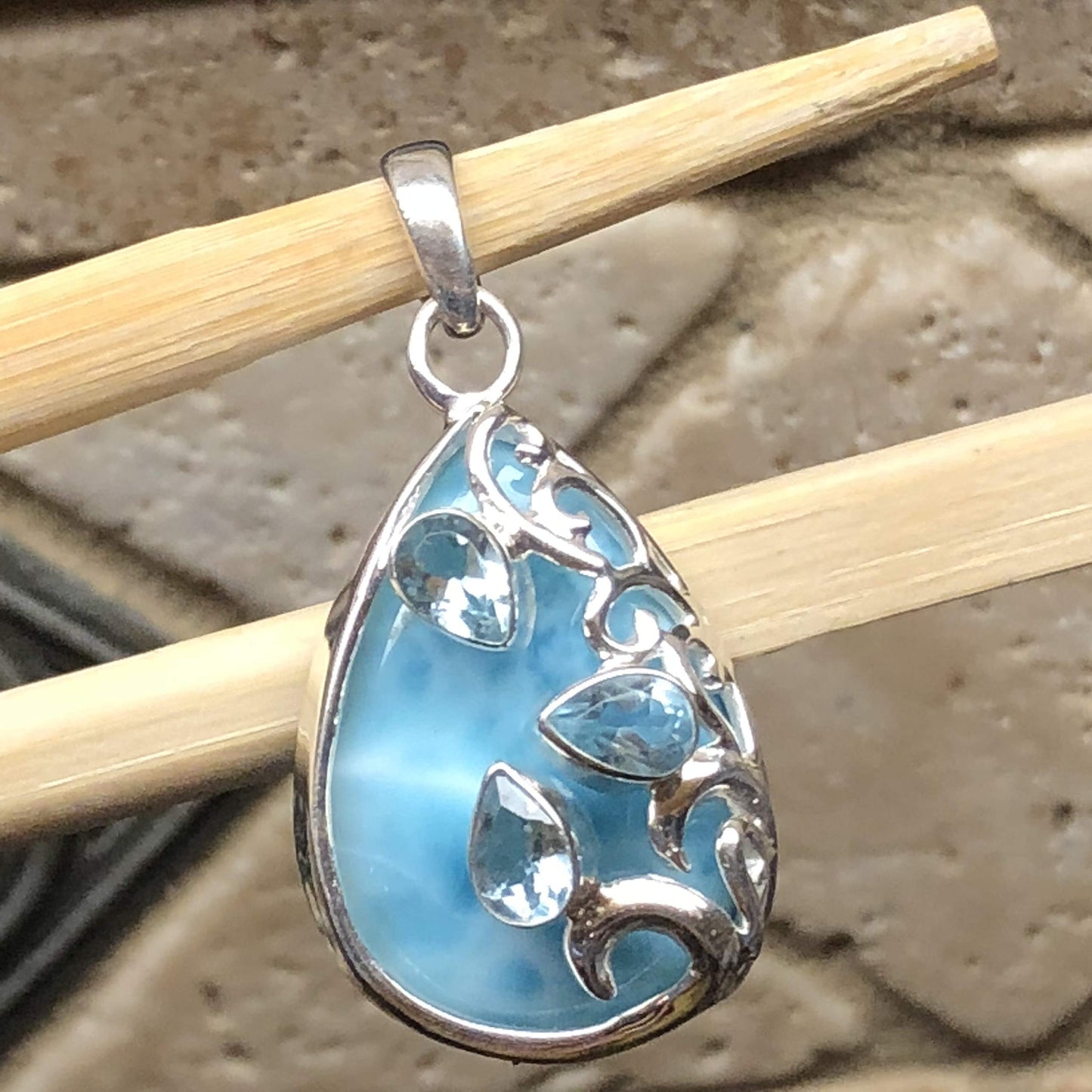 Natural Dominican Larimar 2ct Blue Topaz 925 Solid Sterling Silver Pendant 35mm - Natural Rocks by Kala