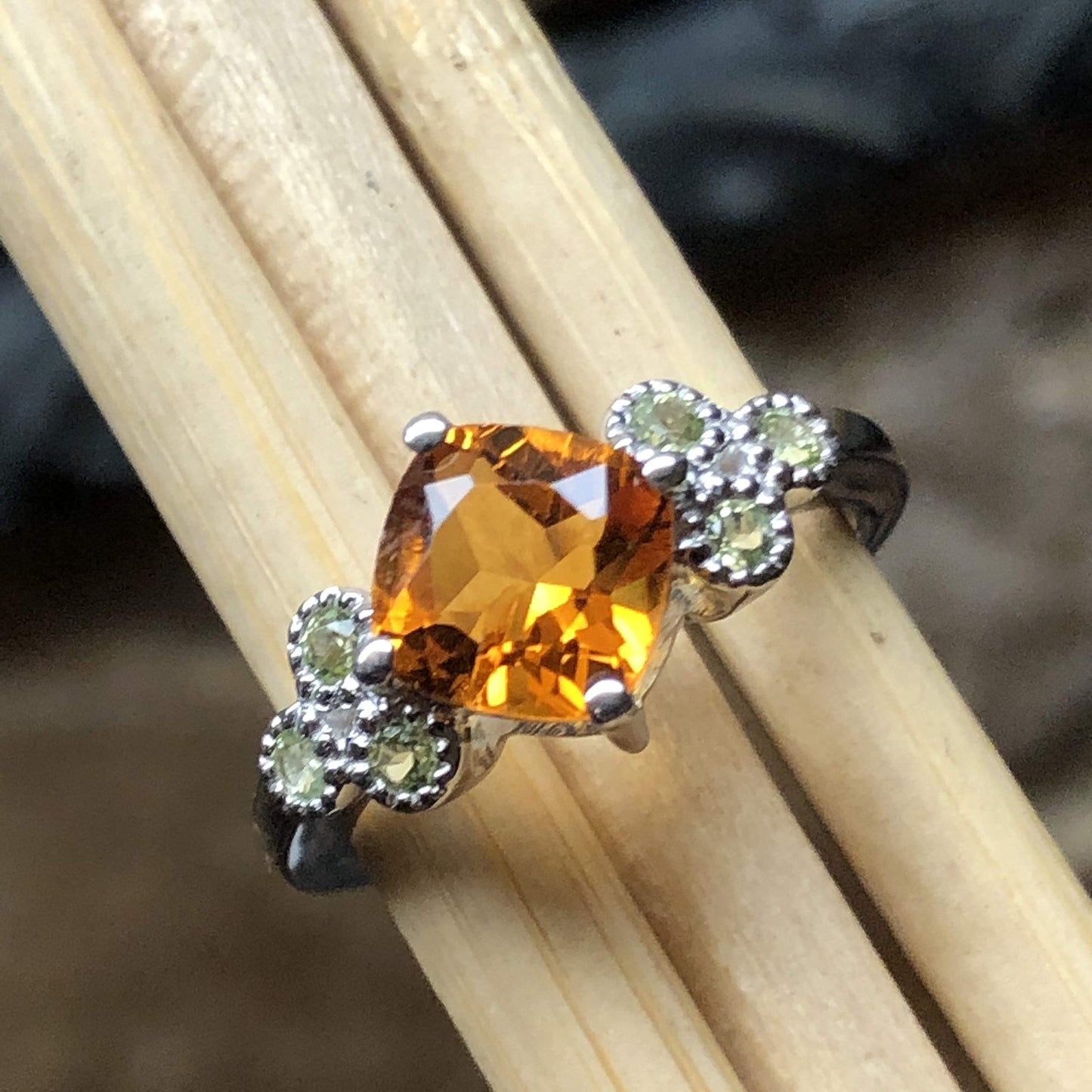 Natural 2ct Golden Citrine, Green Peridot 925 Solid Sterling Silver Wedding Ring Size 6, 7, 8, 9 - Natural Rocks by Kala