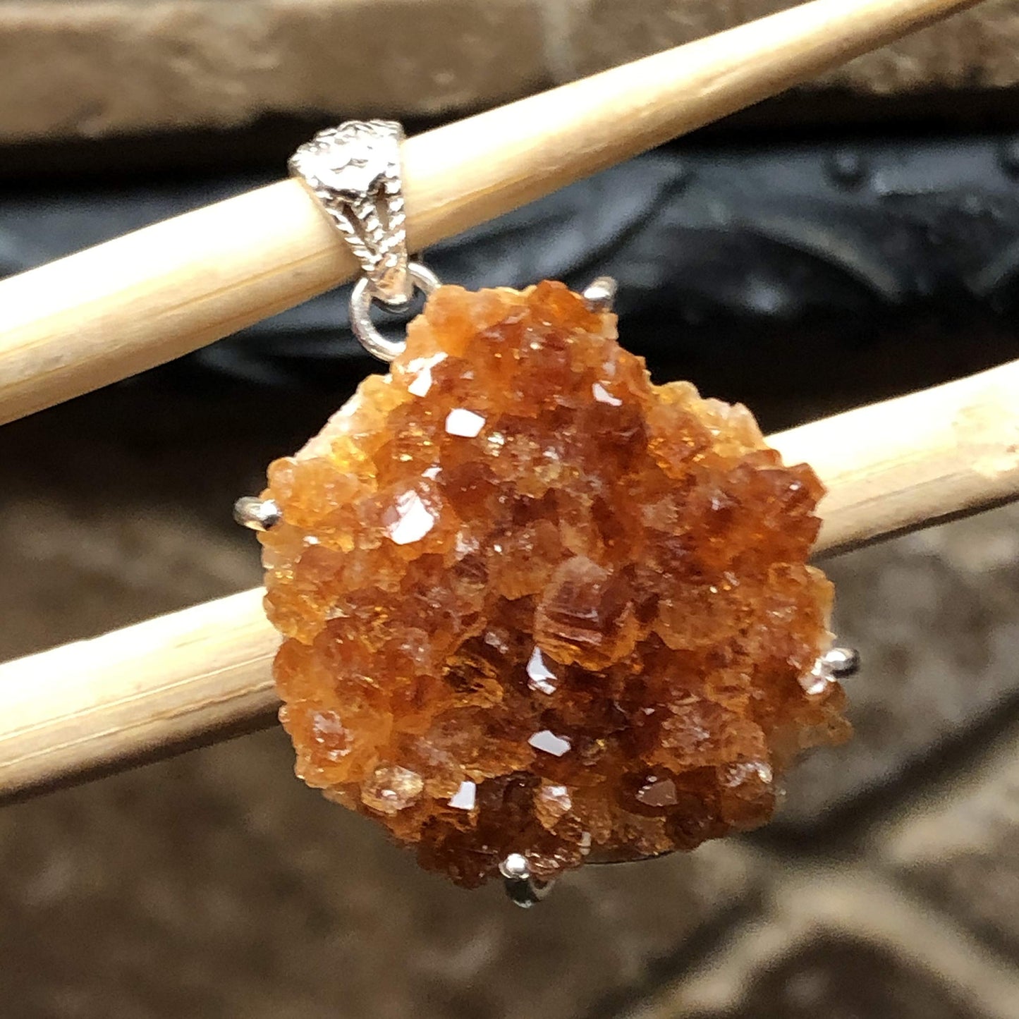 Natural Golden Citrine 925 Solid Sterling Silver Cluster Pendant 40mm - Natural Rocks by Kala