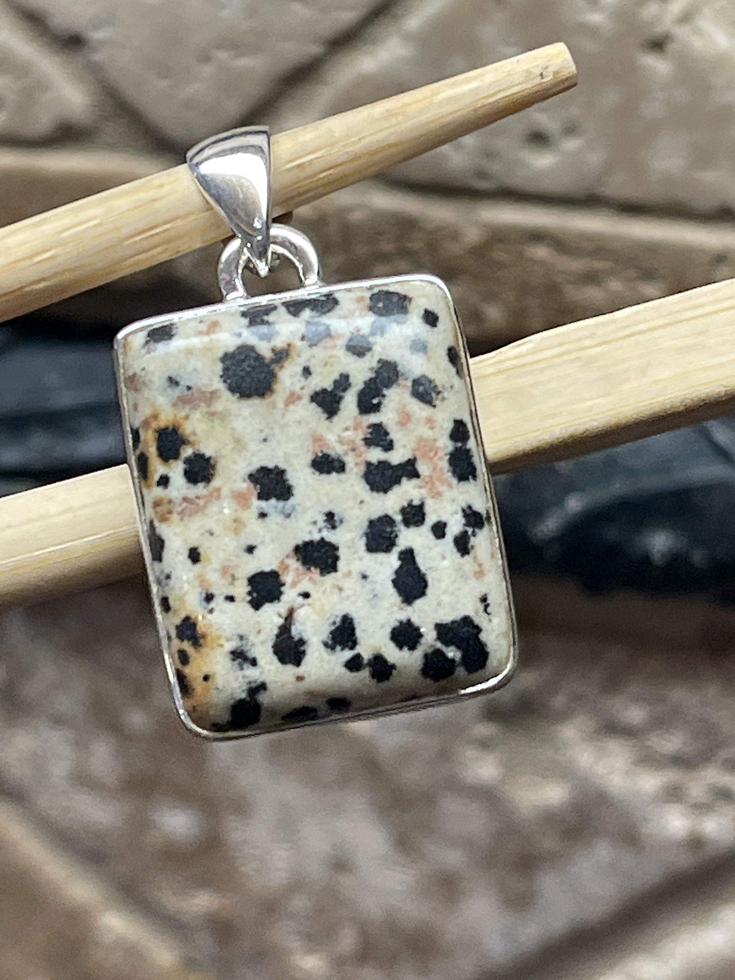 Natural Dalmatian Jasper 925 Solid Sterling Silver Unisex Pendant 35mm - Natural Rocks by Kala