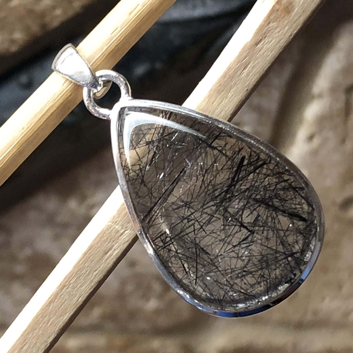 Genuine Black Rutile 925 Solid Sterling Silver Pendant 35mm - Natural Rocks by Kala
